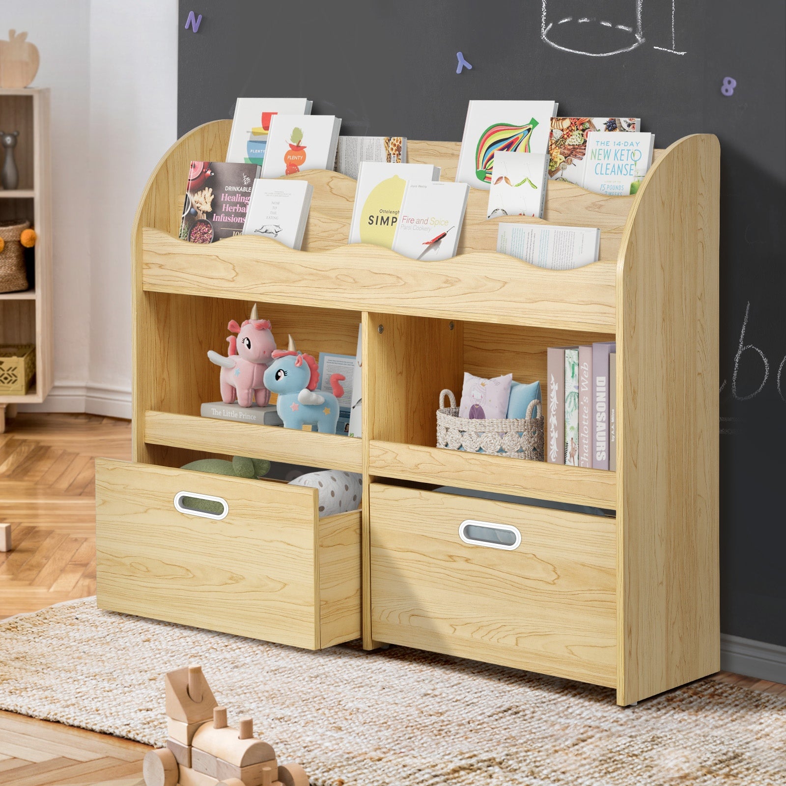 Oikiture Kids Bookshelf Children Bookcase Toy Storage Box Display Shelf Natural