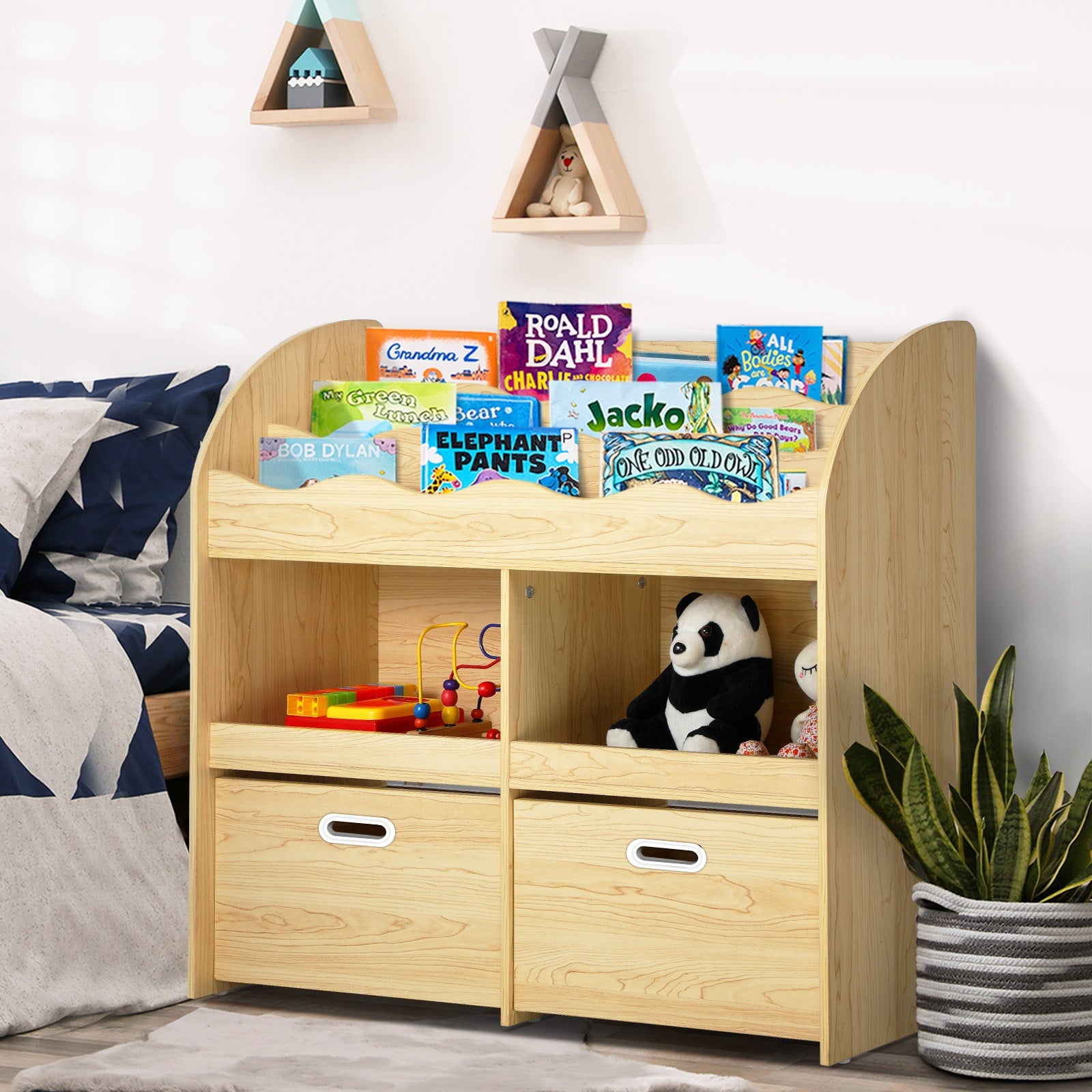 Oikiture Kids Bookshelf Children Bookcase Toy Storage Box Display Shelf Natural