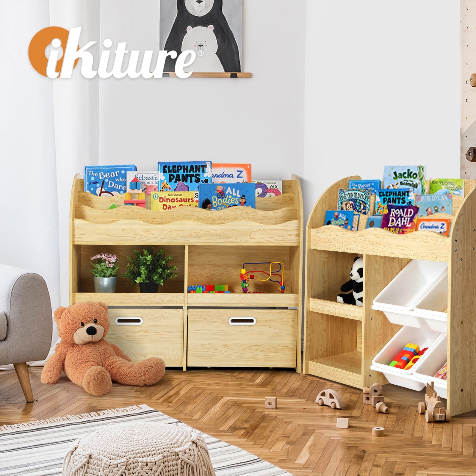 Oikiture Kids Bookshelf Children Bookcase Toy Storage Box Display Shelf Natural