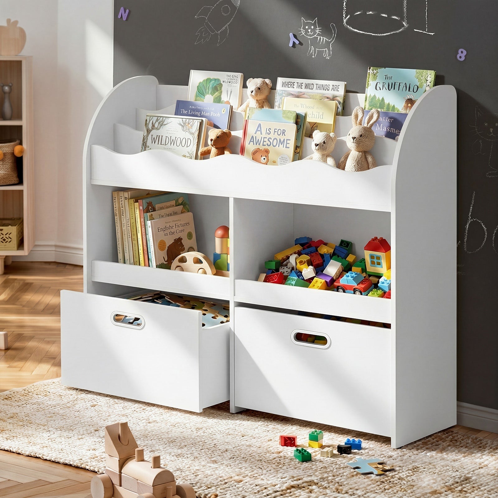 Oikiture Kids Bookshelf Children Bookcase Toy Storage Box Display Shelf White - Sunyee