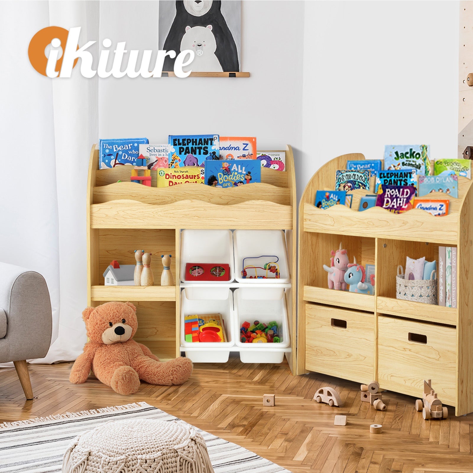 Oikiture Kids Bookshelf 4 Bins Toy Box Storage Organiser Display Shelf - Sunyee