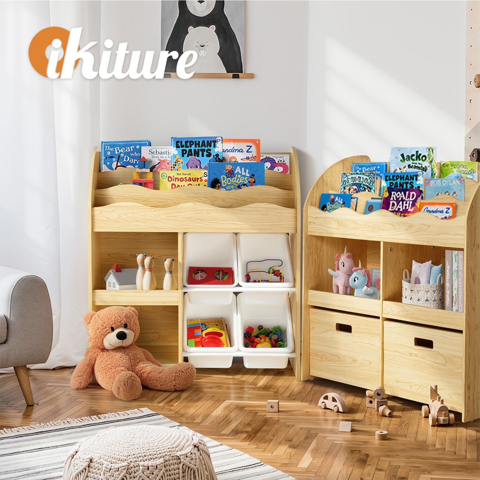 Oikiture Kids Bookshelf 4 Bins Toy Box Storage Organiser Display Shelf - Sunyee