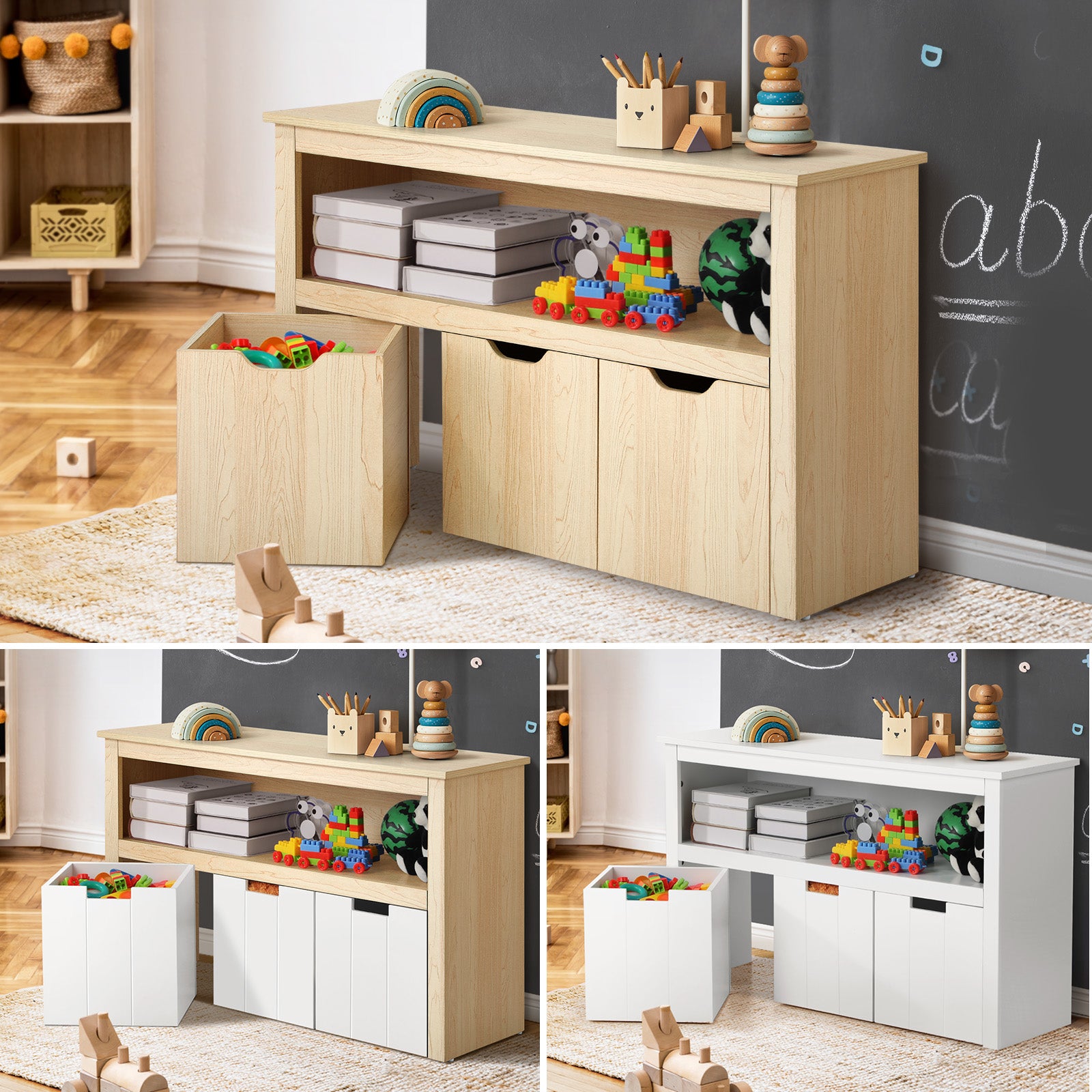 Oikiture Kids Toy Storage Cabinet Displayshelf With 3 Portable Box Bookshelf - Sunyee