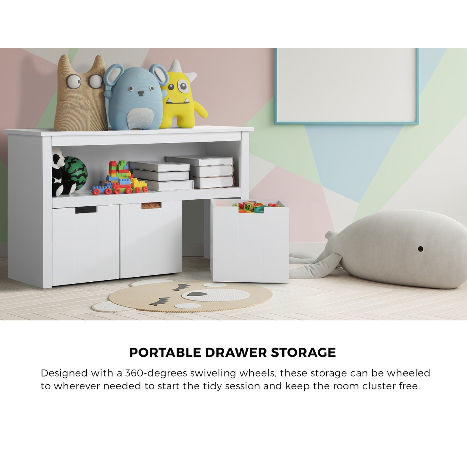 Oikiture Kids Toy Storage Cabinet Displayshelf With 3 Portable Box Bookshelf - Sunyee