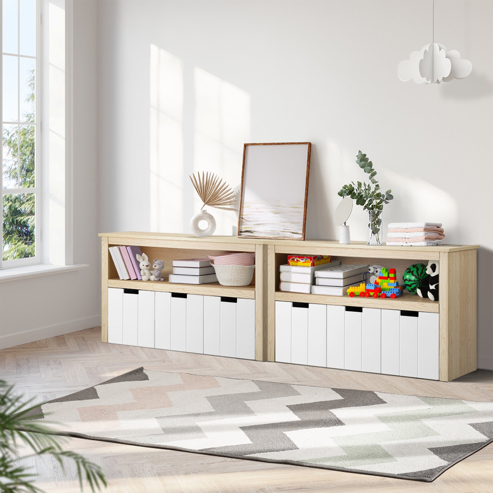 Oikiture Wooden Kids Toy Storage Cabinet Displayshelf With 3 Portable Box - Sunyee