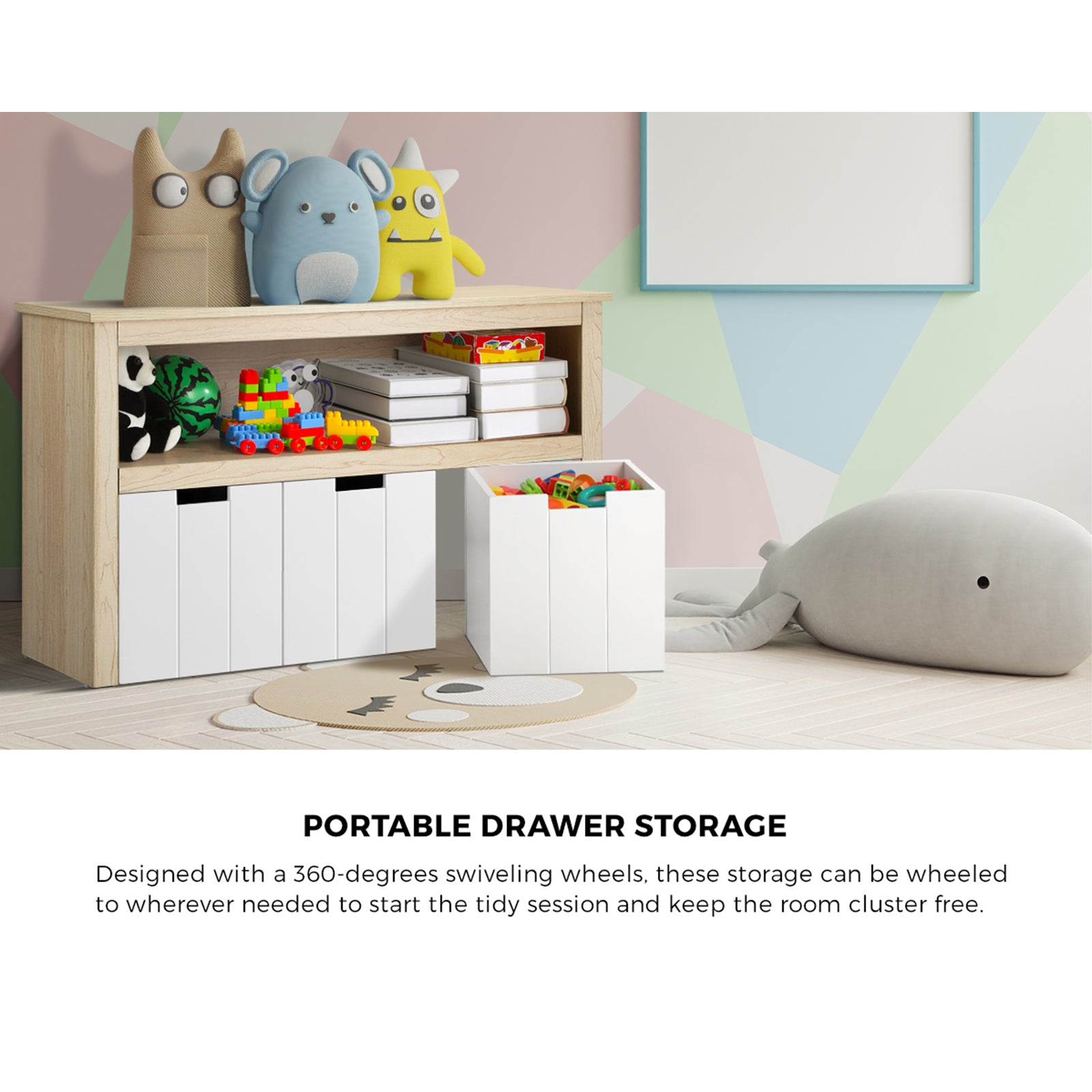 Oikiture Wooden Kids Toy Storage Cabinet Displayshelf With 3 Portable Box - Sunyee