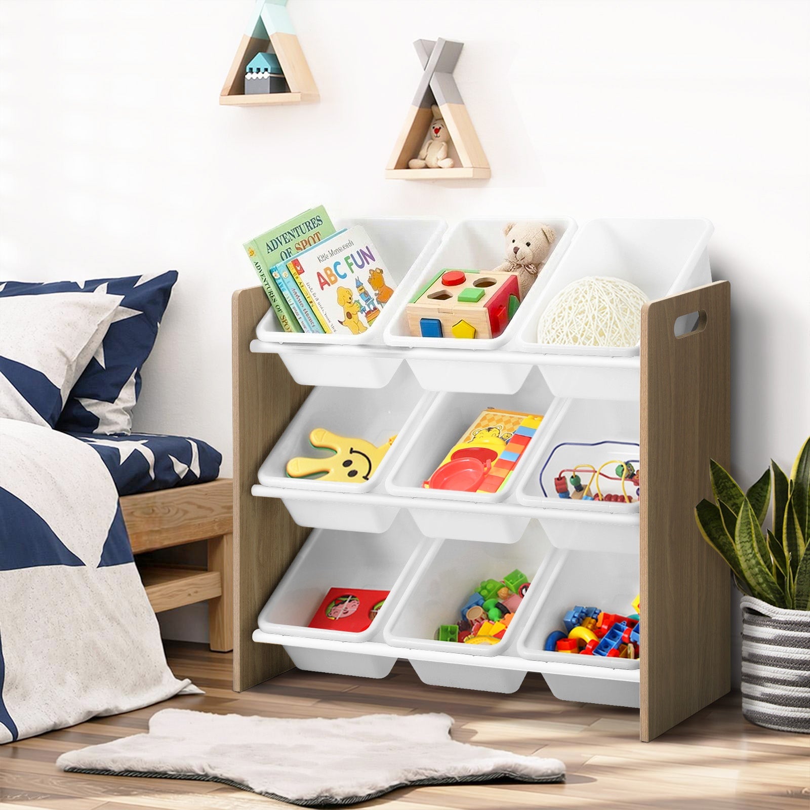 Oikiture Kids Toy Box Organiser 9 Bins Display Shelf Storage Rack Natural White - Sunyee
