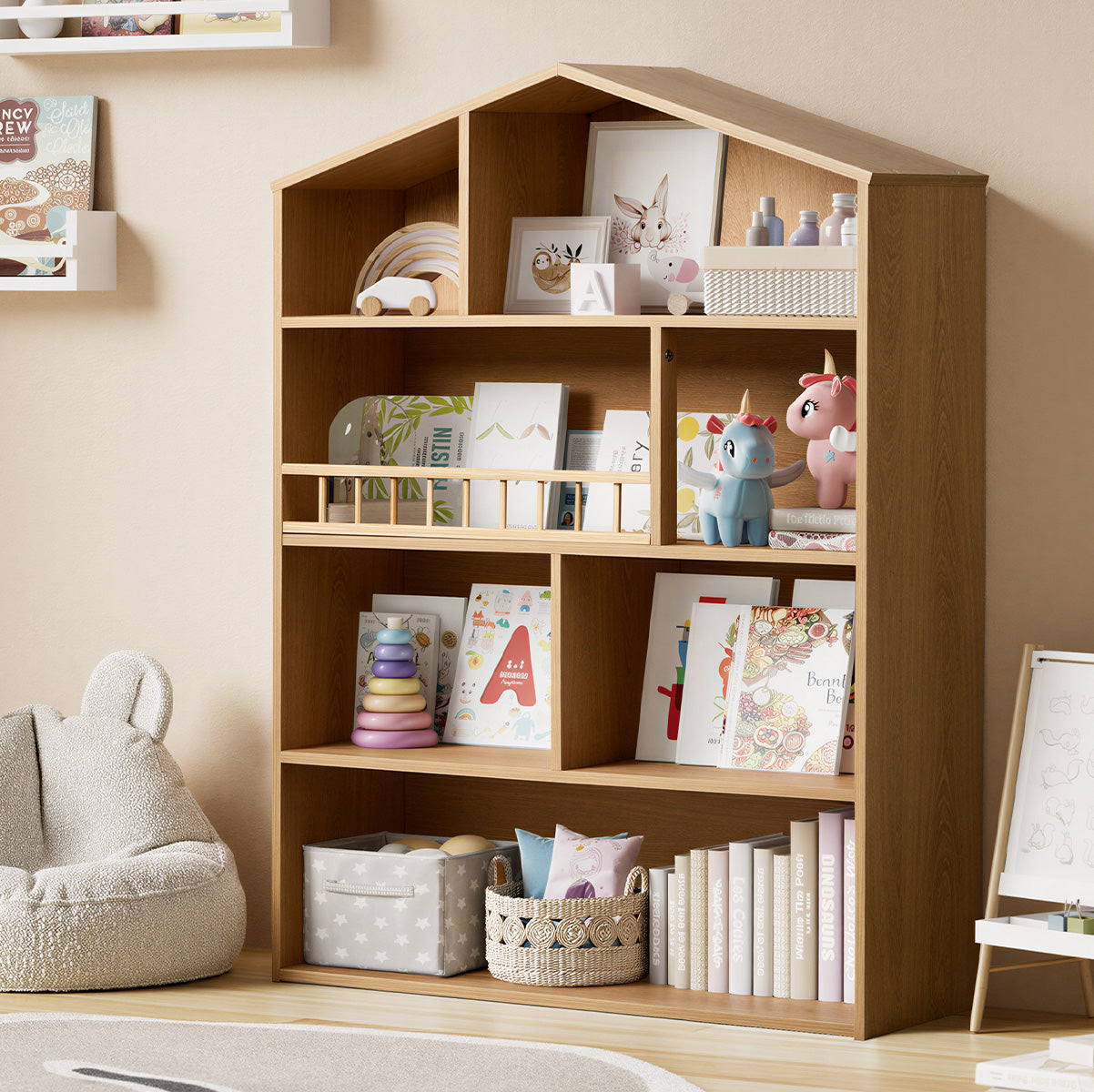 Oikiture Kids Bookshelf Toy Storage Children Bookcase Display Shelf Rack Natural - Sunyee