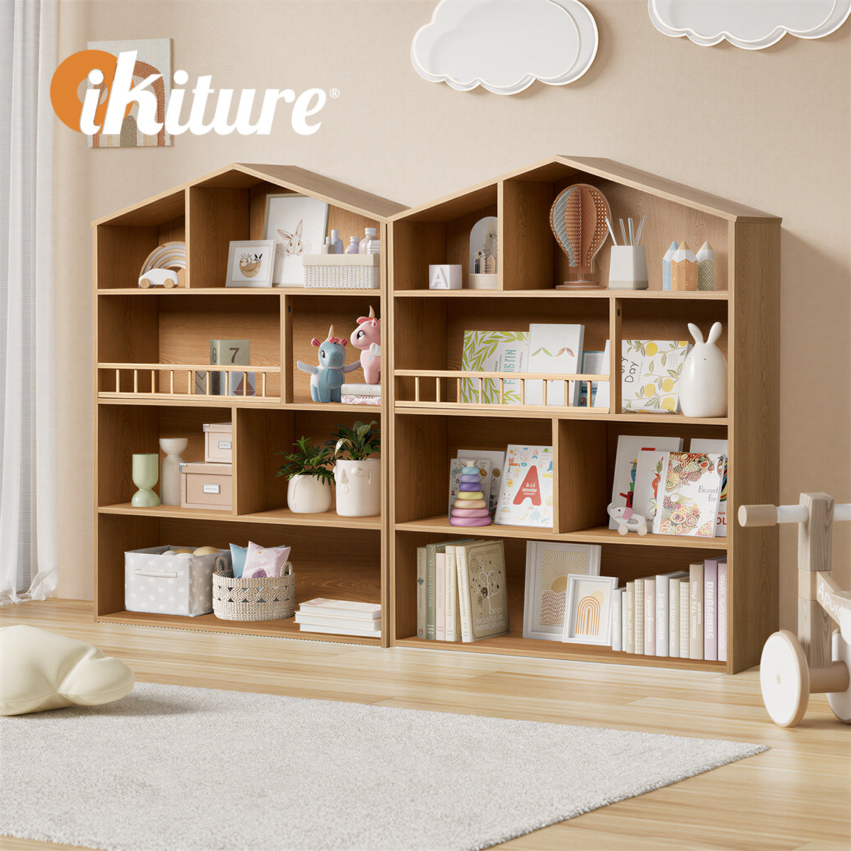 Oikiture Kids Bookshelf Toy Storage Children Bookcase Display Shelf Rack Natural - Sunyee