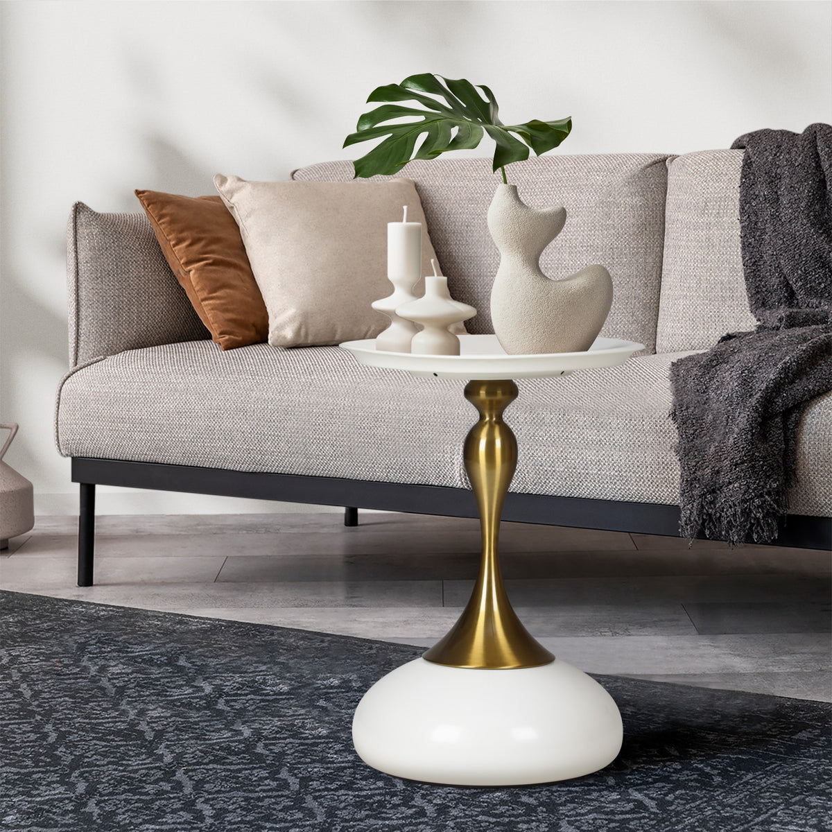 Oikiture Coffee Side Table Bedside Sofa Tea End Tables Round Metal Whi