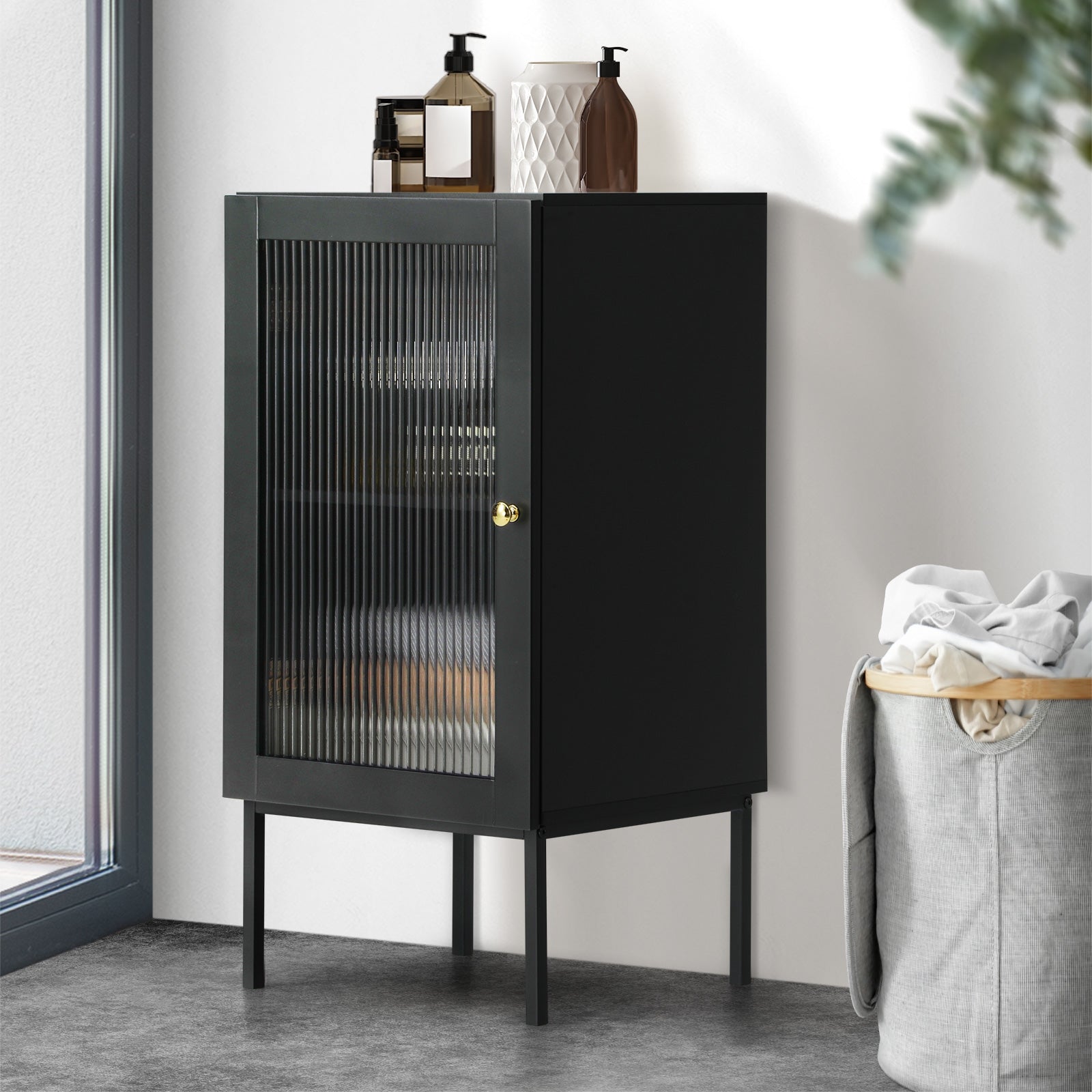 Oikiture Bathroom Cabinet Floor Cupboard Slim Storage Tempered Glass Door Black - Sunyee