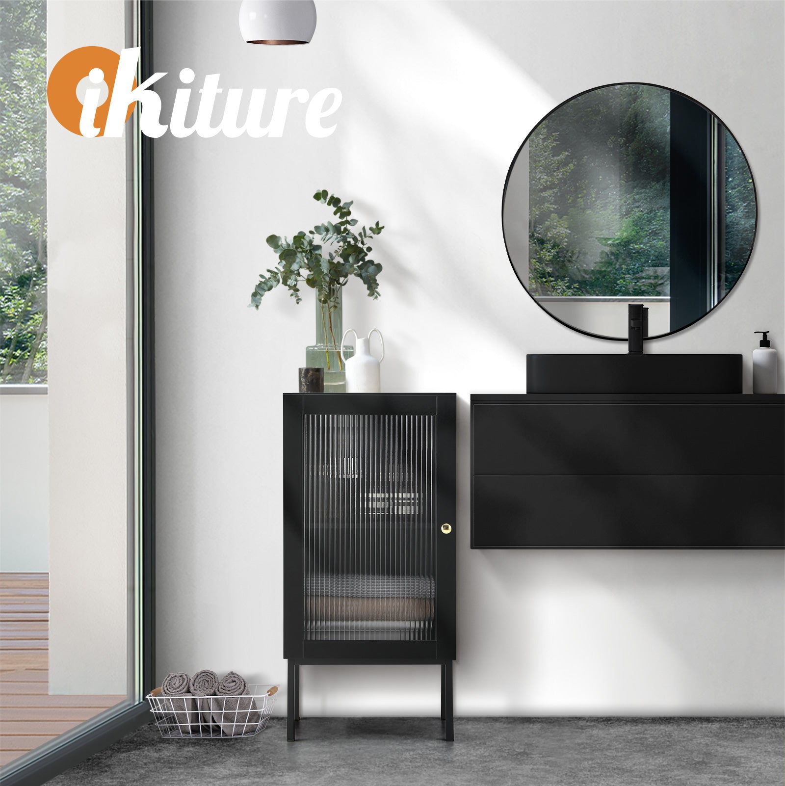 Oikiture Bathroom Cabinet Floor Cupboard Slim Storage Tempered Glass Door Black - Sunyee