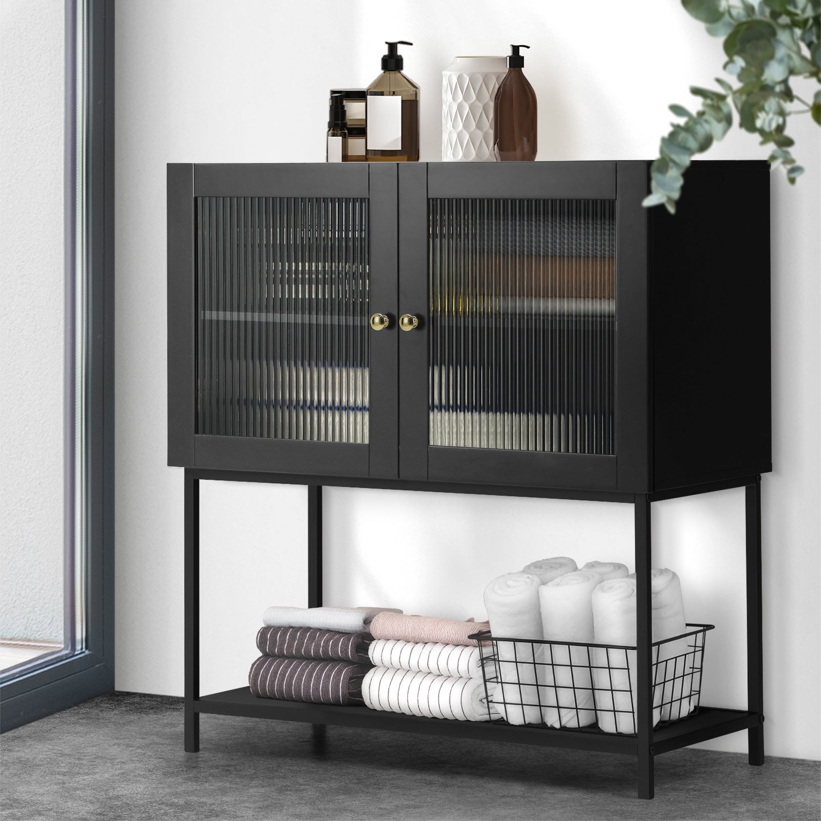 Oikiture Bathroom Cabinet Floor Cupboard Storage Two Tempered Glass Door Black - Sunyee