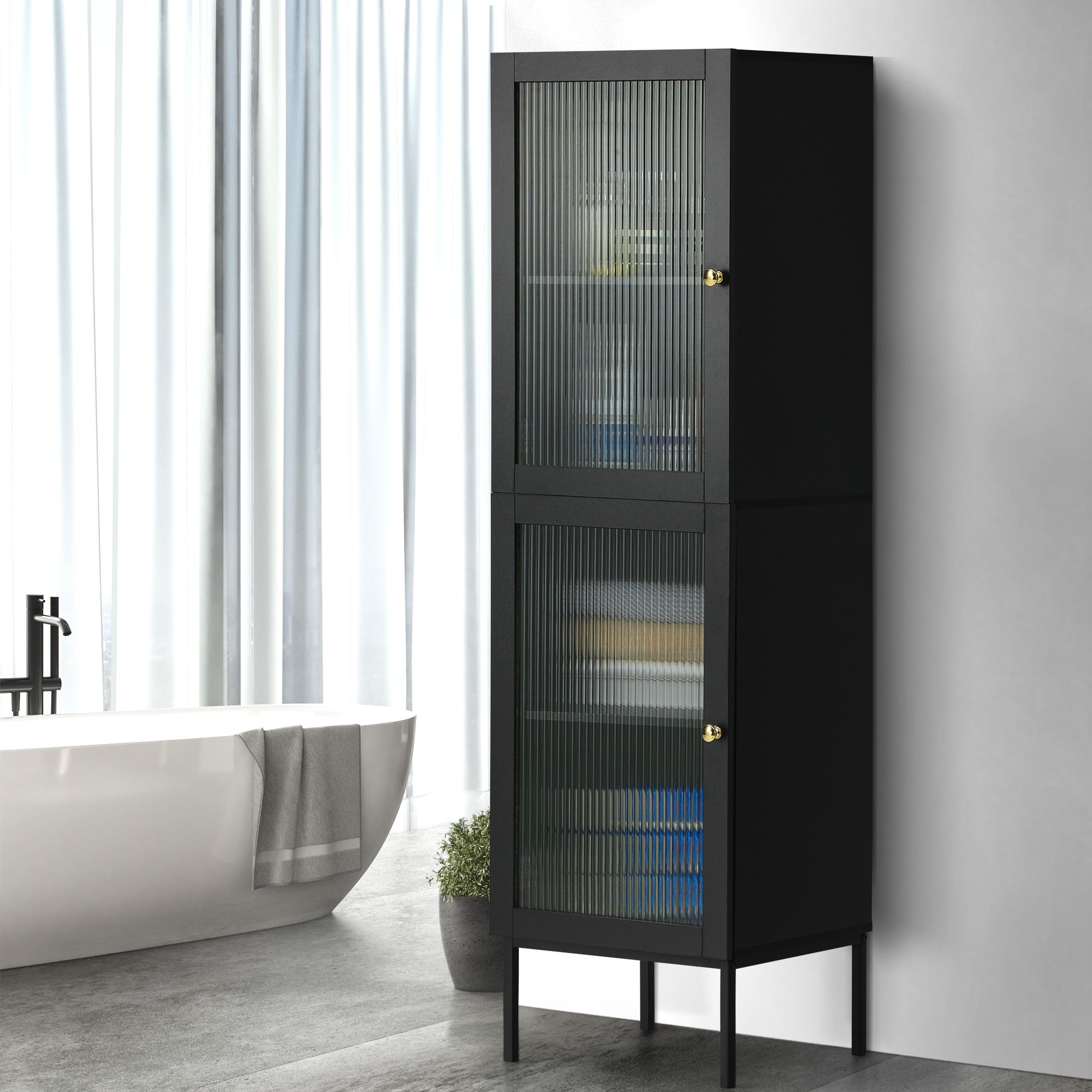 Oikiture Bathroom Cabinet Storage Tall Slim Cupboard Tempered Glass Door Black - Sunyee
