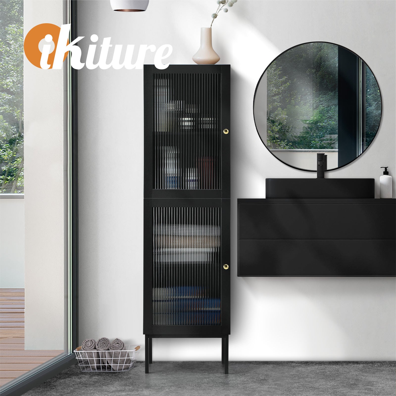 Oikiture Bathroom Cabinet Storage Tall Slim Cupboard Tempered Glass Door Black - Sunyee
