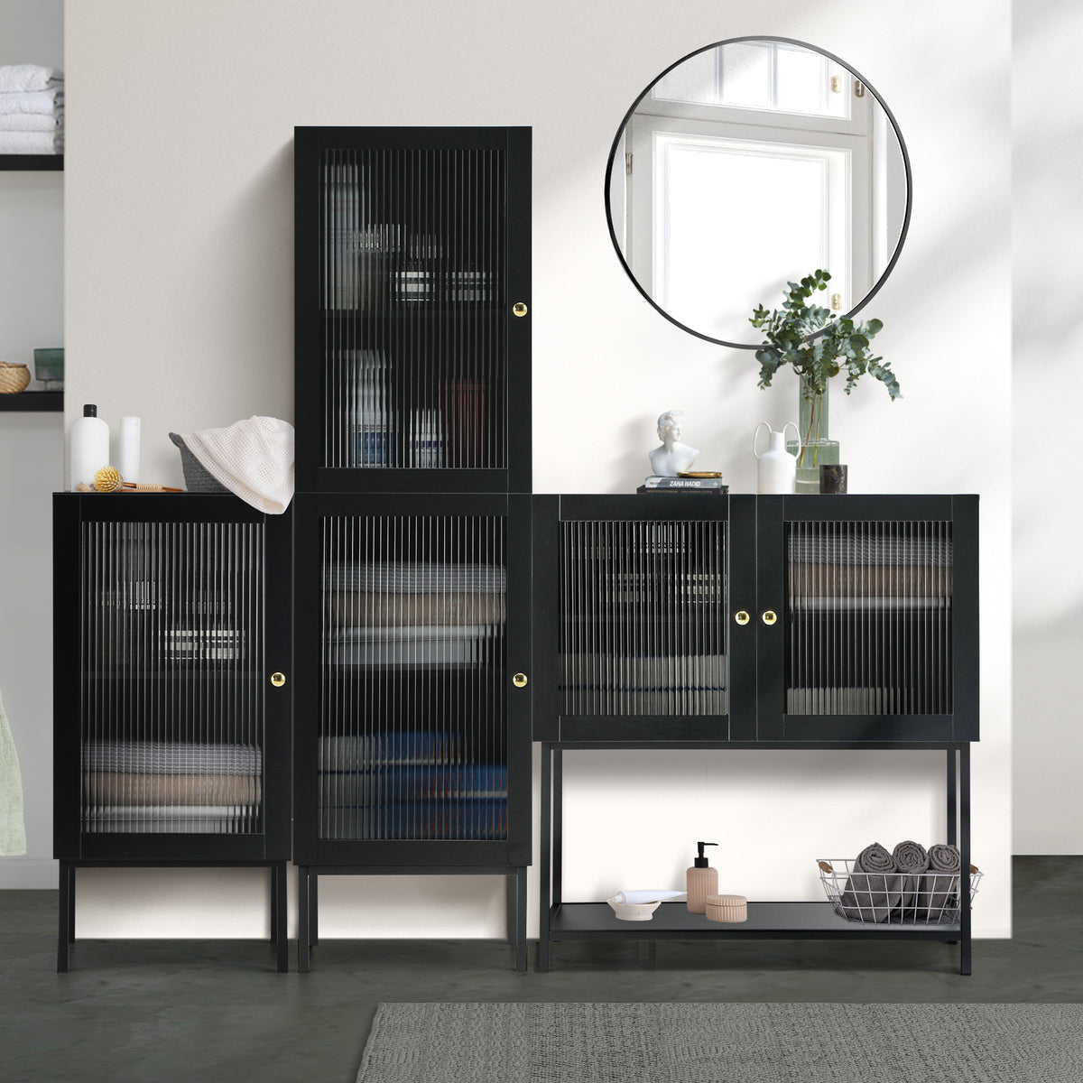Oikiture Bathroom Cabinet Storage Toilet Cupboard Tempered Glass Door Black
