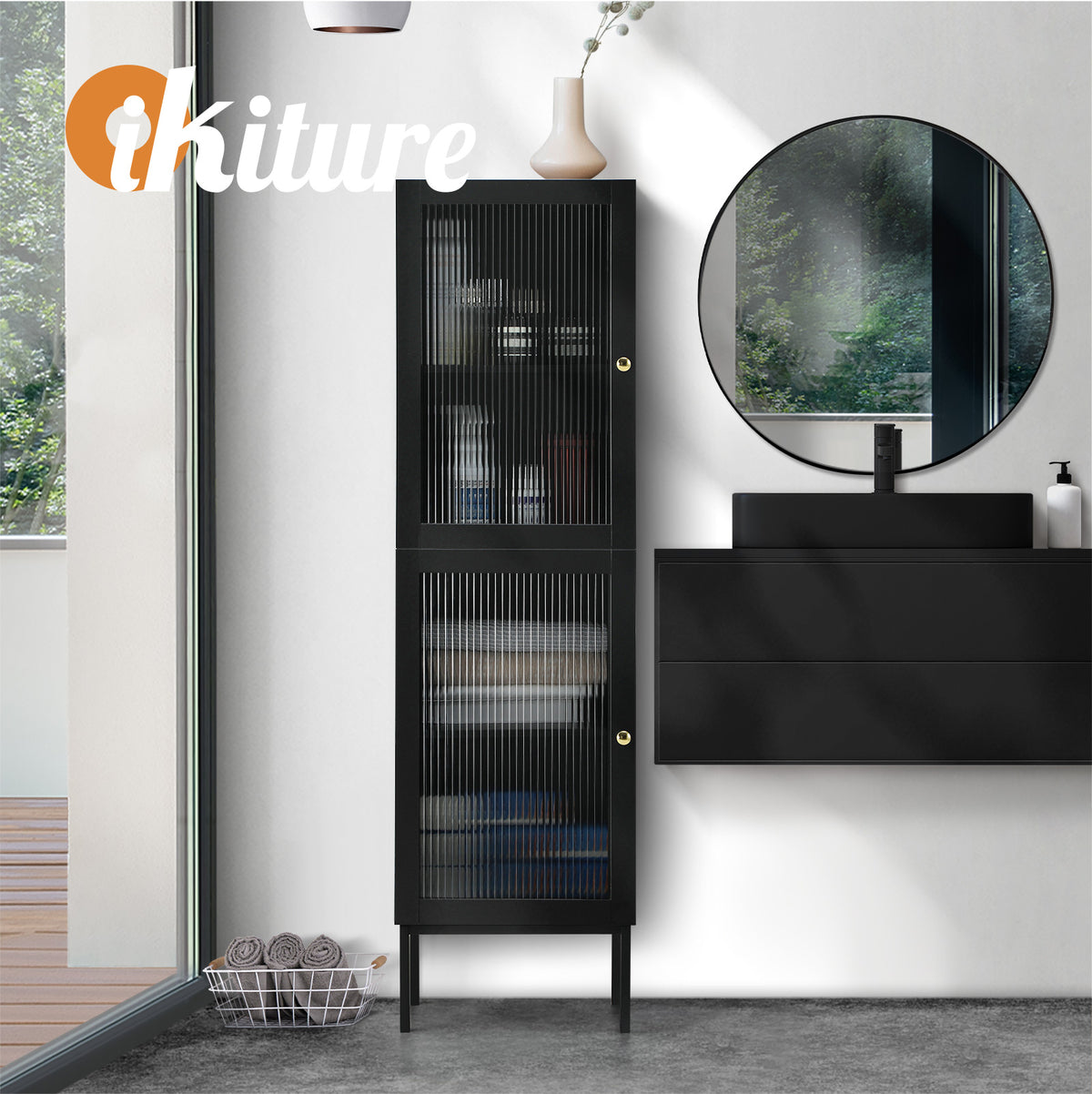 Oikiture Bathroom Cabinet Storage Toilet Cupboard Tempered Glass Door Black