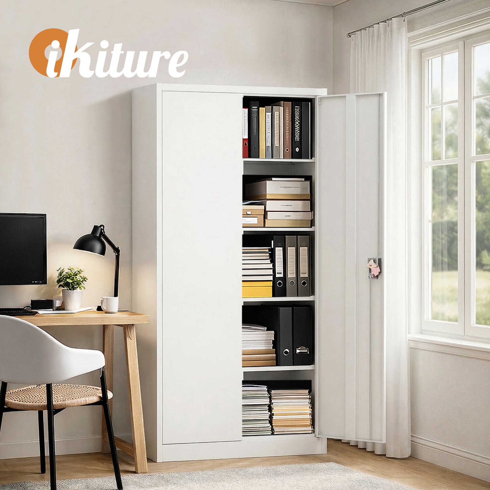 Oikiture Lockable Filing Cabinet 185cm Steel Office Document Storage White - Sunyee