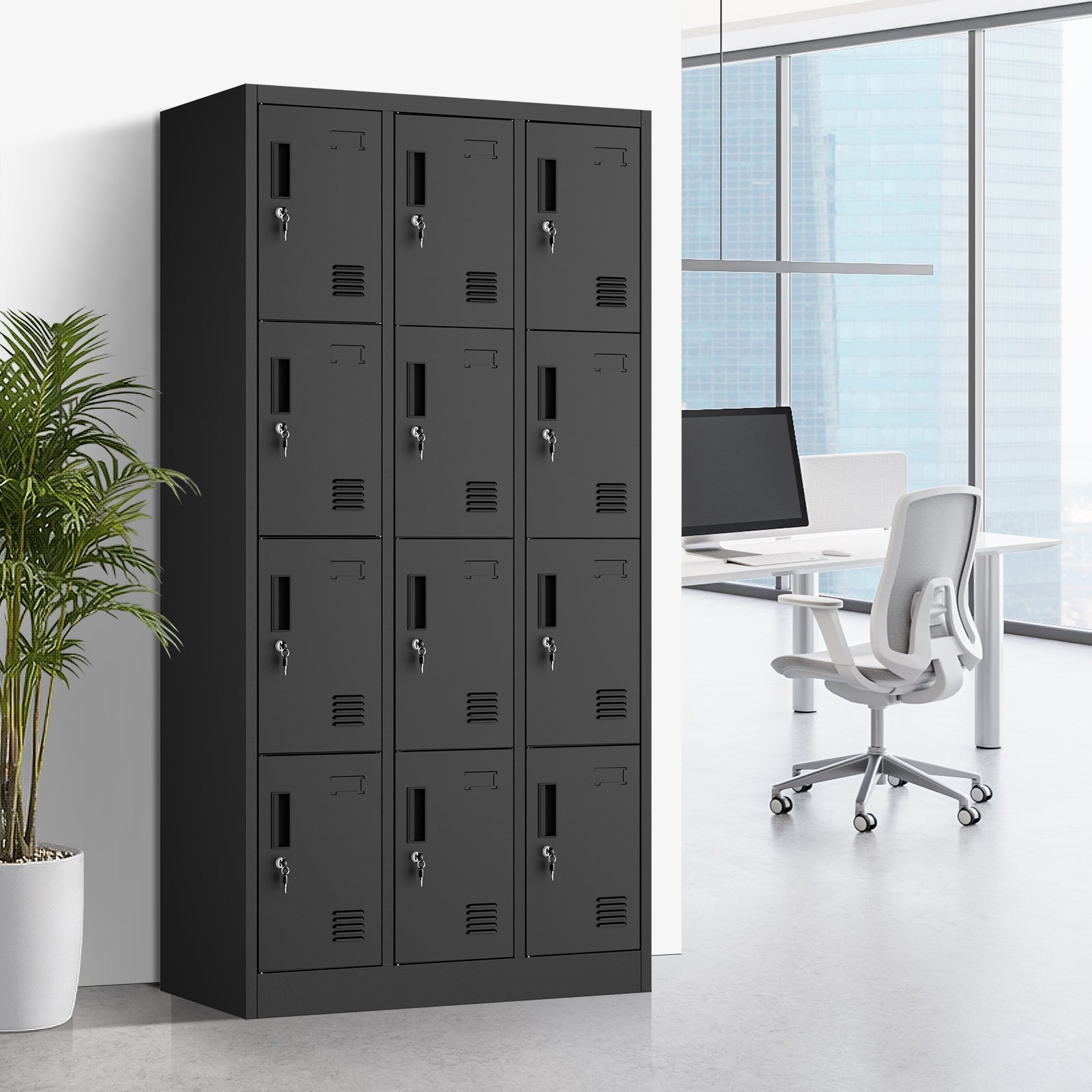 Oikiture 12 Doors Locker Cabinet Steel Storage Cupboard Office School Gym Black - Sunyee