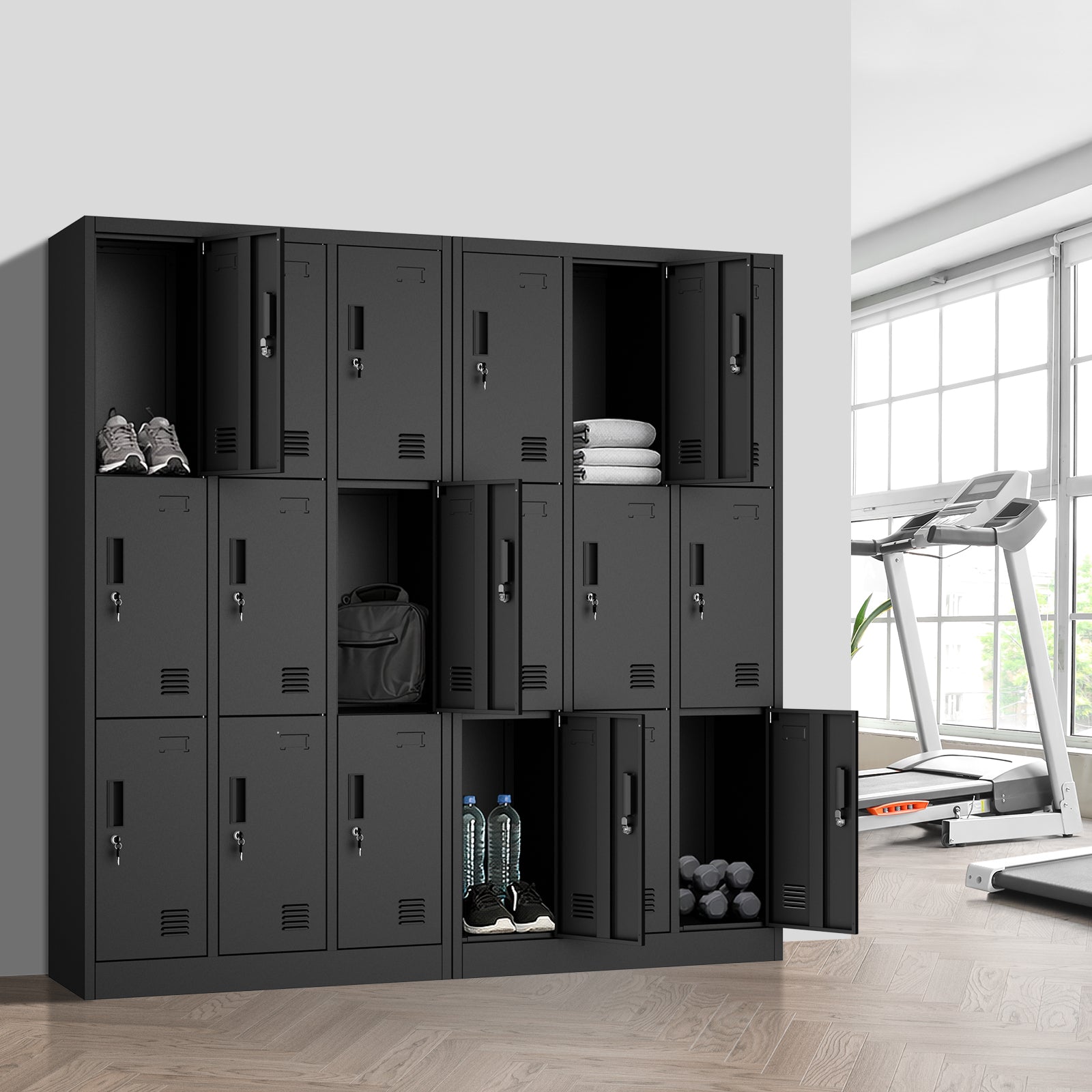 Oikiture 9 Doors Locker Cabinet Steel Storage Cupboard Office School Gym Black - Sunyee
