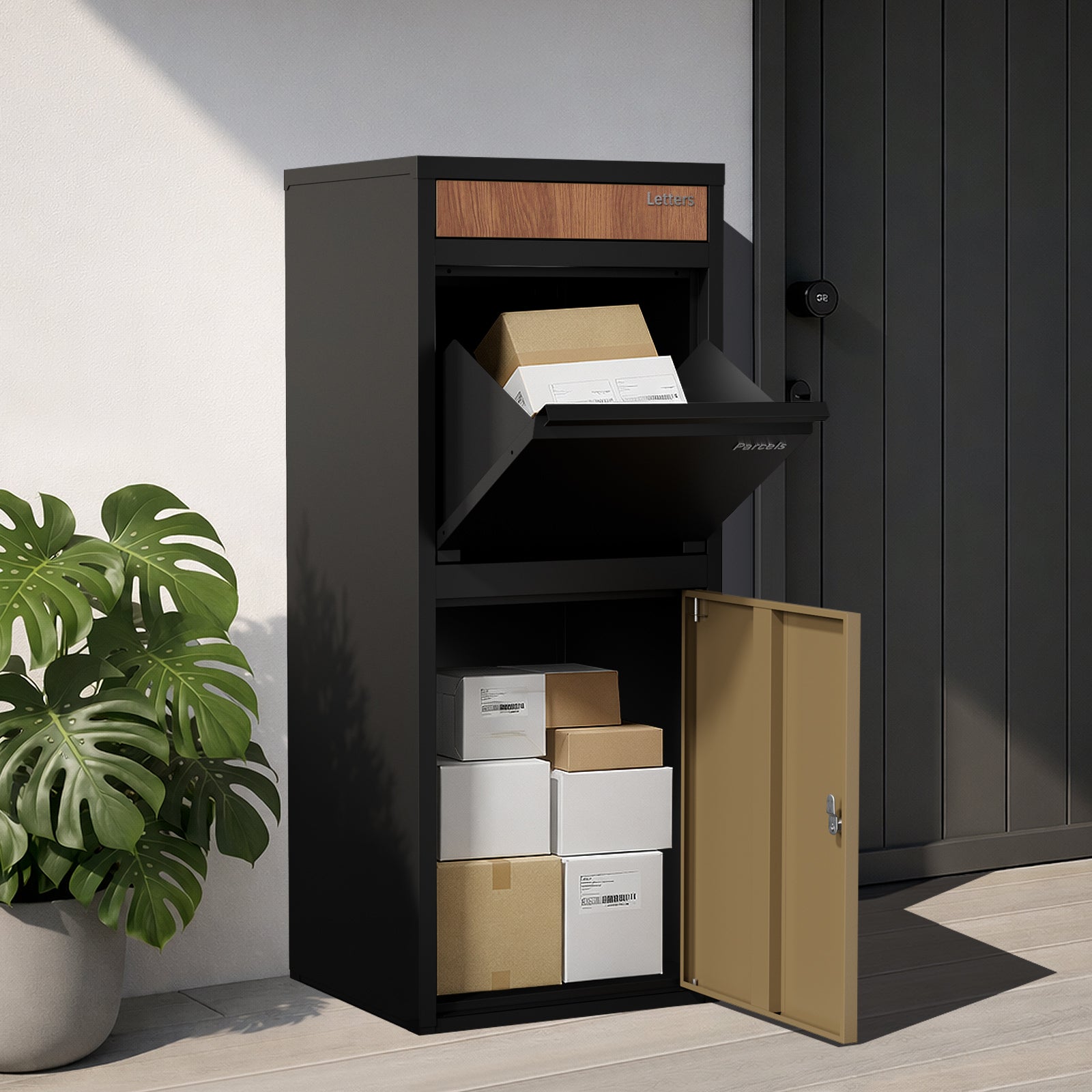 Oikiture Steel Parcel Letterbox Drop Box Package Lockable Storage Walnut&Black - Sunyee
