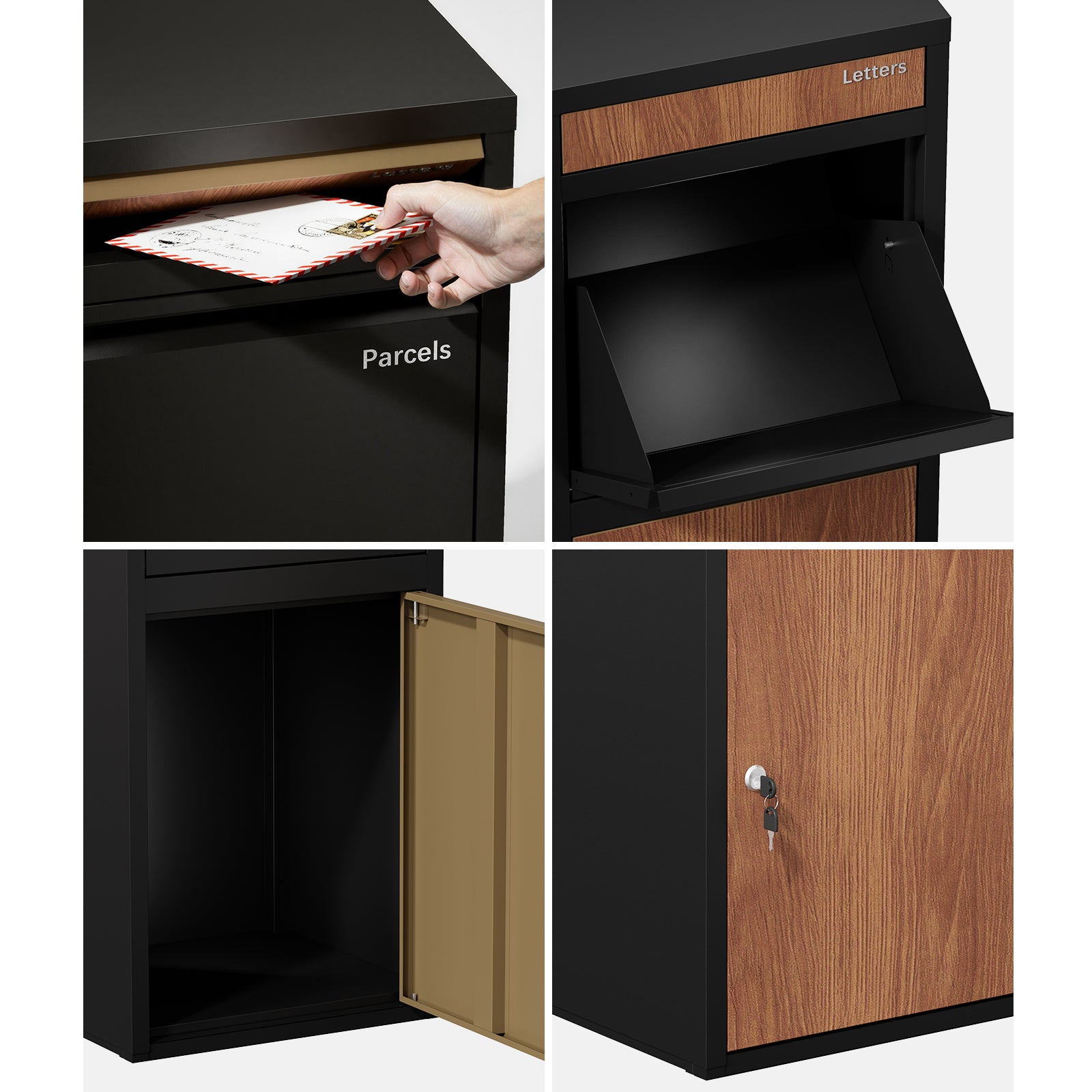 Oikiture Steel Parcel Letterbox Drop Box Package Lockable Storage Walnut&Black - Sunyee
