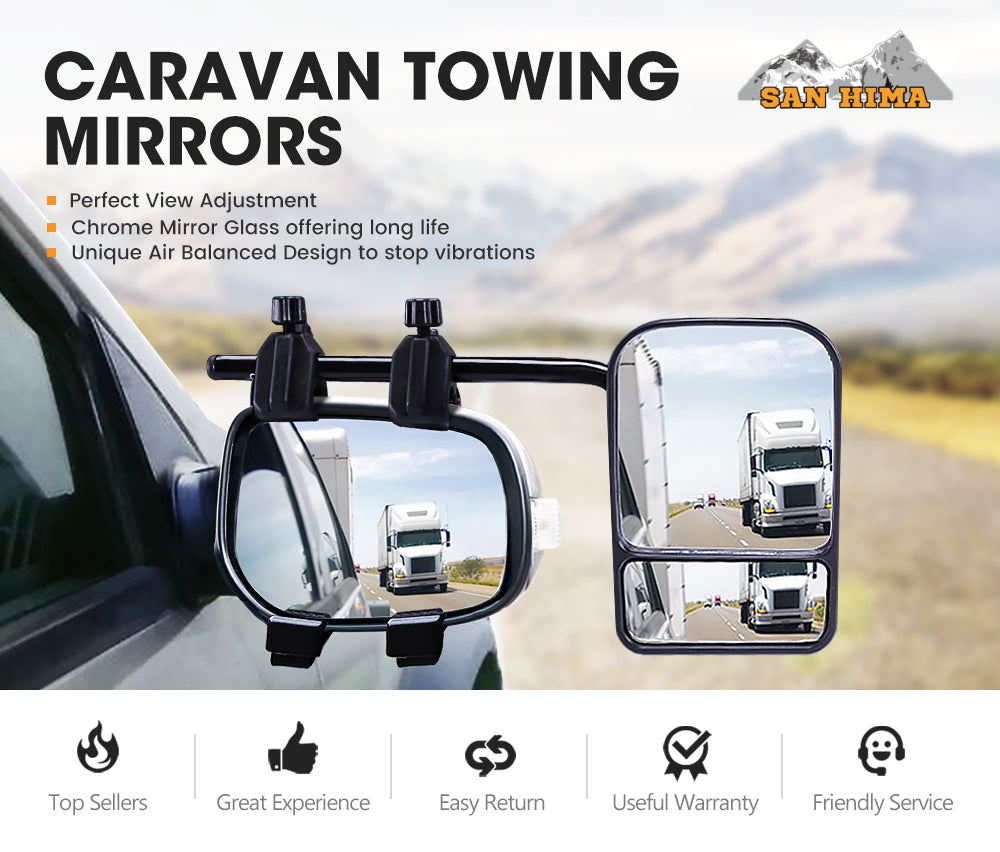2x Towing Mirrors Pair Clip on Multi Fit Clamp On Towing Caravan 4X4 Trailer - Sunyee