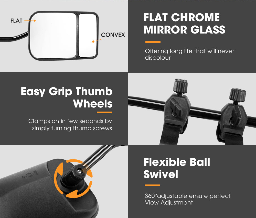 2x Towing Mirrors Pair Clip on Multi Fit Clamp On Towing Caravan 4X4 Trailer - Sunyee