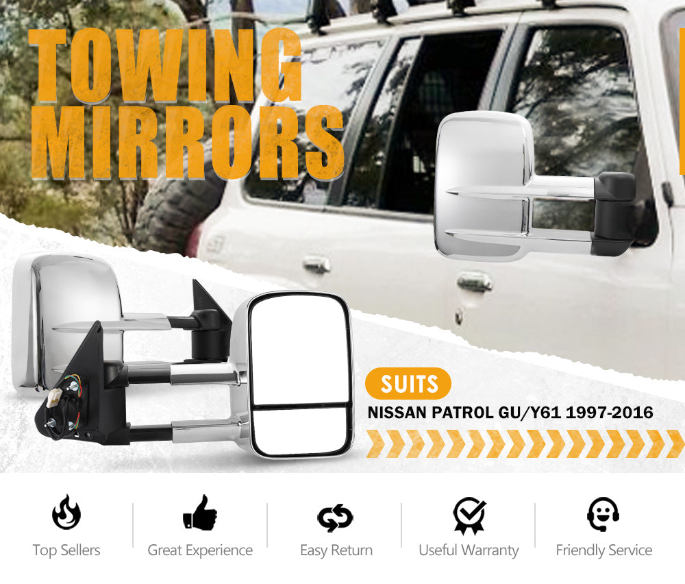 Towing Mirrors Gen1 Extendable for Nissan Patrol GU Y61 1997-2016 Chrome