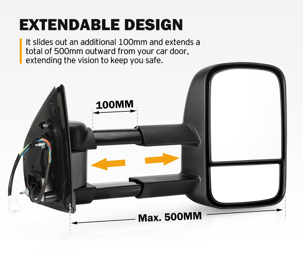 Pair Towing Extendable Side Mirrors Gen1 for Isuzu MU-X MY2013-MY2019 BLACK - Sunyee