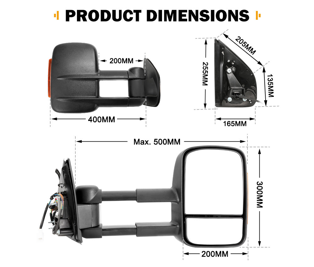 Pair Towing Extendable Side Mirrors Gen1 for Isuzu MU-X MY2013-MY2019 BLACK - Sunyee