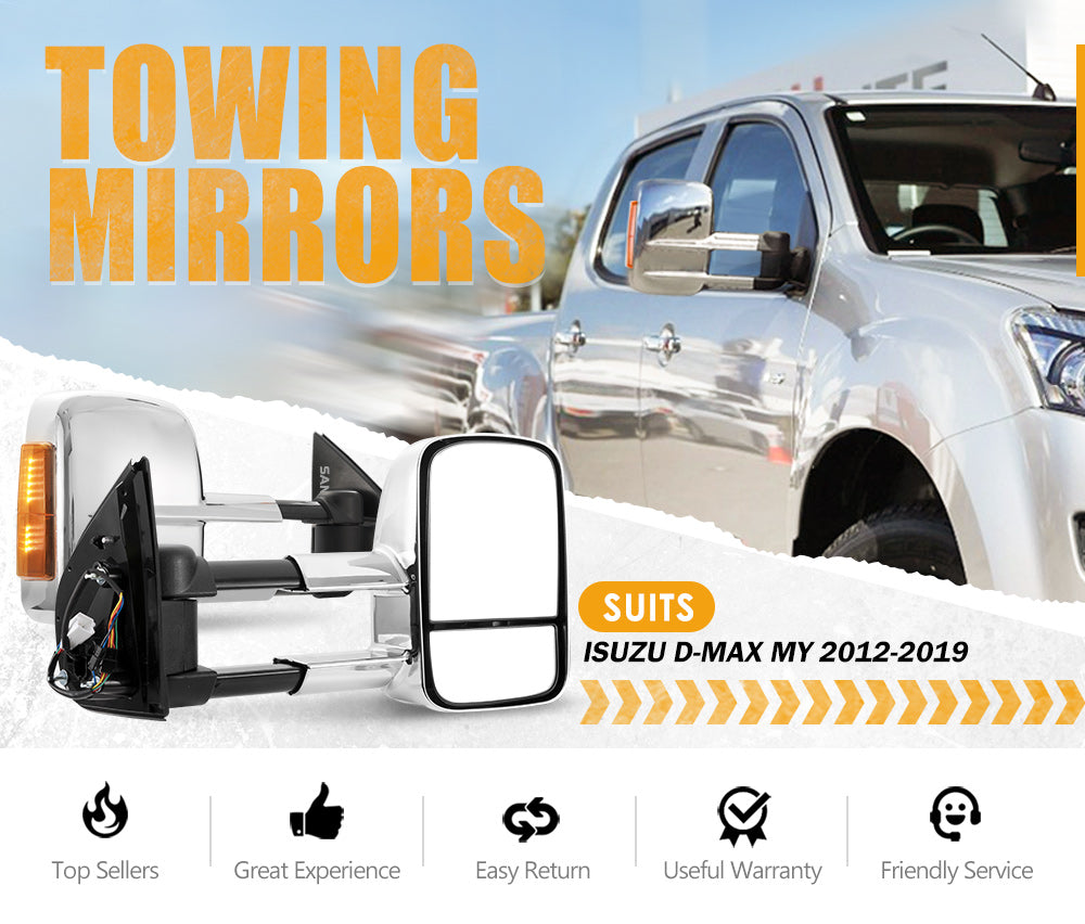 San Hima Extendable Towing Mirrors Gen1 for Isuzu D-MAX DMAX MY2012-MY2019 Chrome