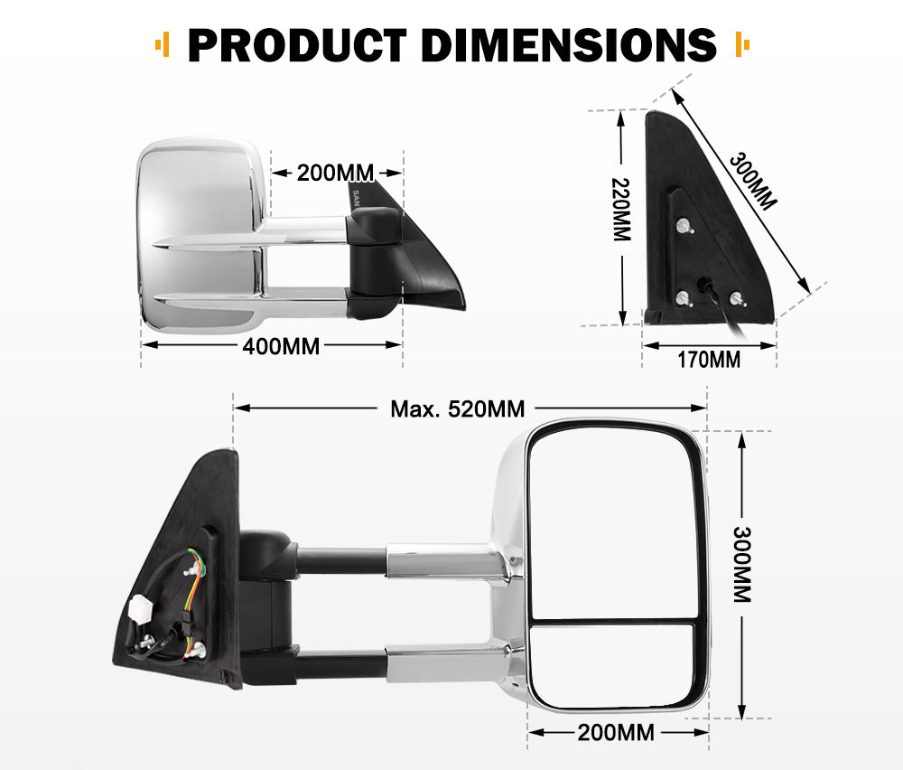 Pair Extendable Towing Mirrors Gen1 for Toyota Prado 120 Series 2002-2009 - Sunyee