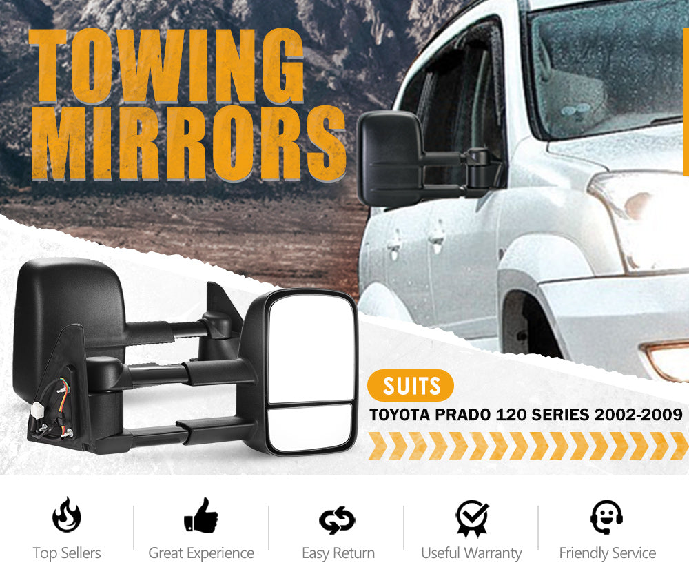 Pair Towing Extendable Mirrors Gen1 suit Toyota Prado 120 Series 2002-2009 - Sunyee