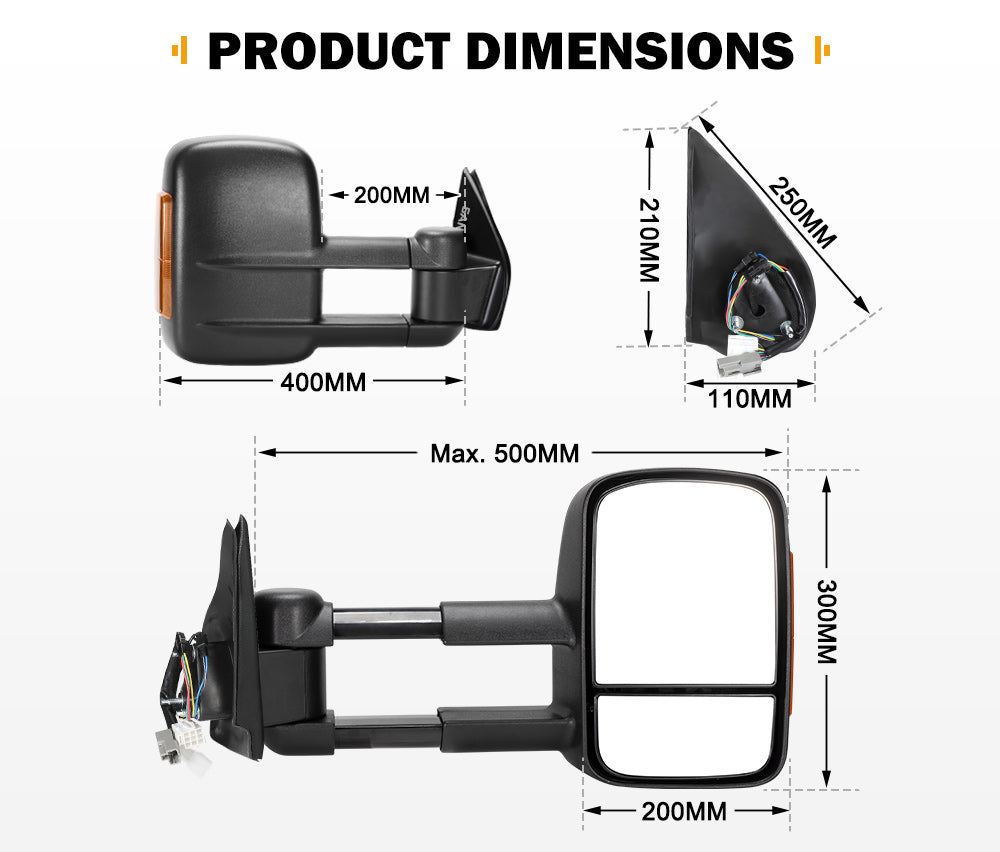 San Hima Pair Extendable Towing Mirrors Gen1 for Isuzu D-MAX DMAX 2007-2011 Black - Sunyee