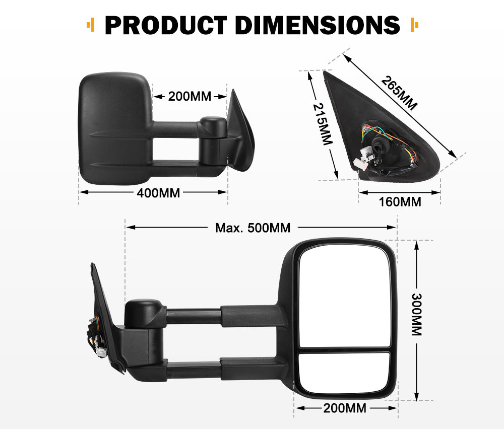 Pair Extendable Towing Side Mirrors Gen1 suits Mitsubishi Triton MQ/MR 2015 - 2024 - Sunyee