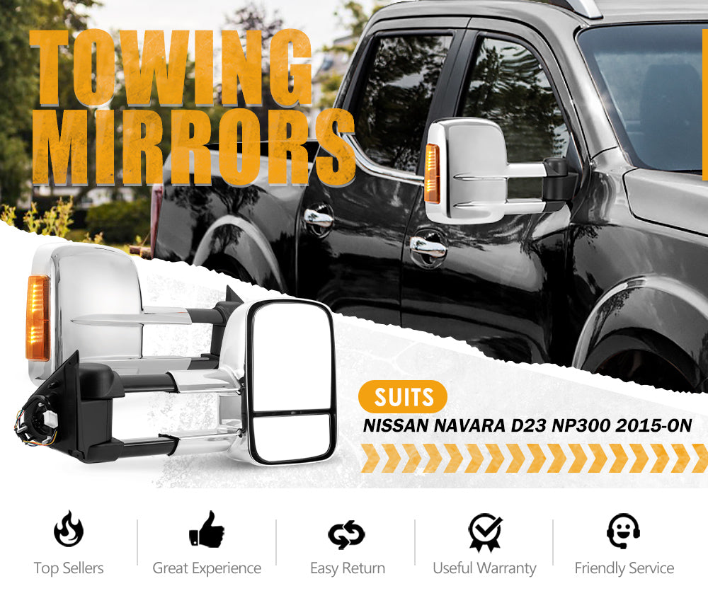 San Hima Extendable Towing Mirrors Gen1 For Nissan Navara D23 2015-On Chrome
