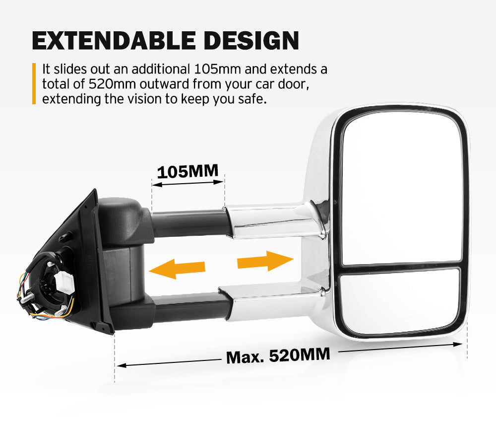 San Hima Extendable Towing Mirrors Gen1 For Nissan Navara D23 2015-On Chrome