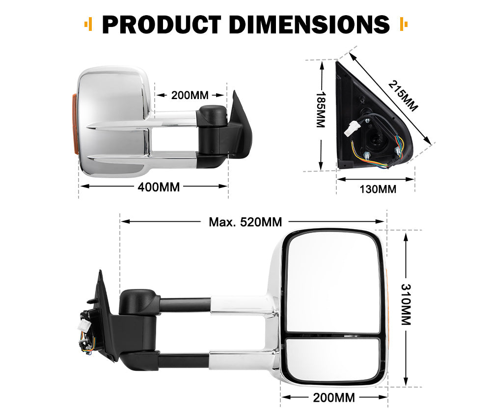 San Hima Extendable Towing Mirrors Gen1 For Nissan Navara D23 2015-On Chrome