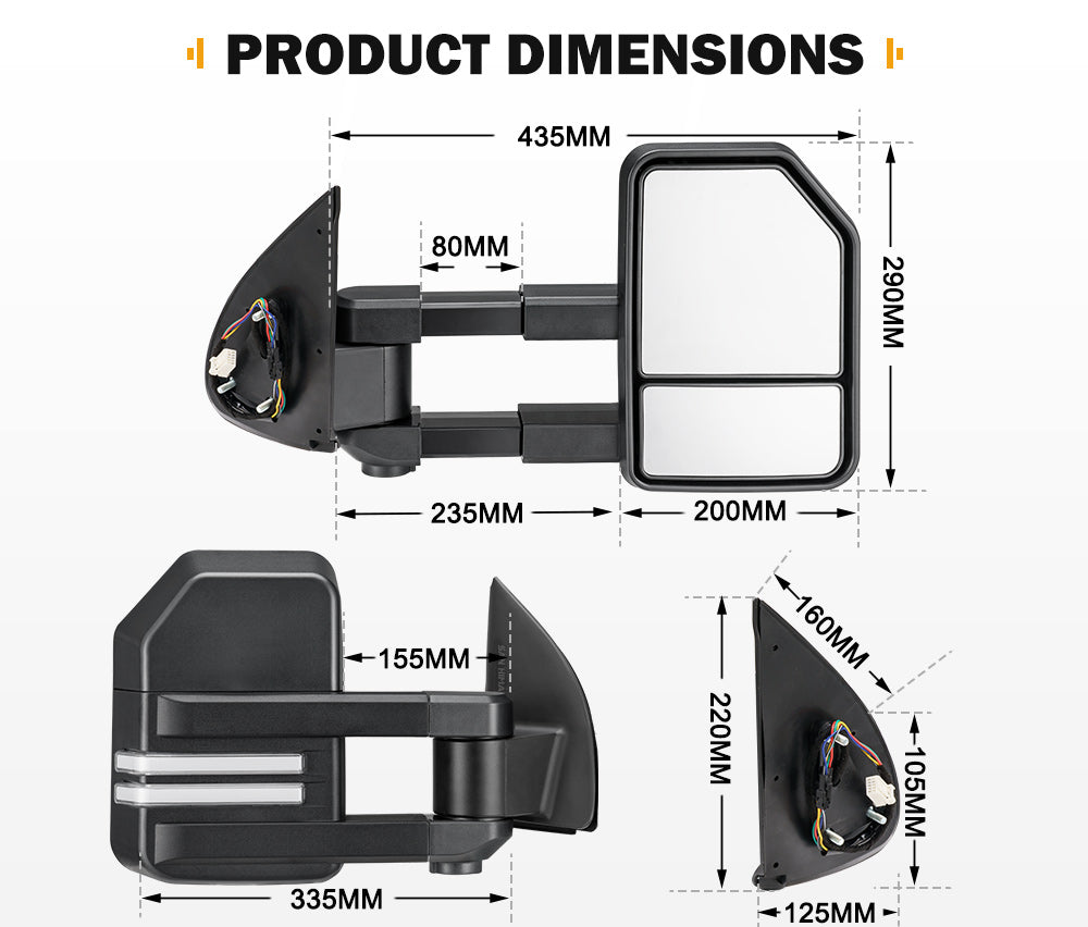 San Hima Pair Extendable Towing Mirrors Gen2 for Toyota HILUX 2005-2015 N70 Black - Sunyee