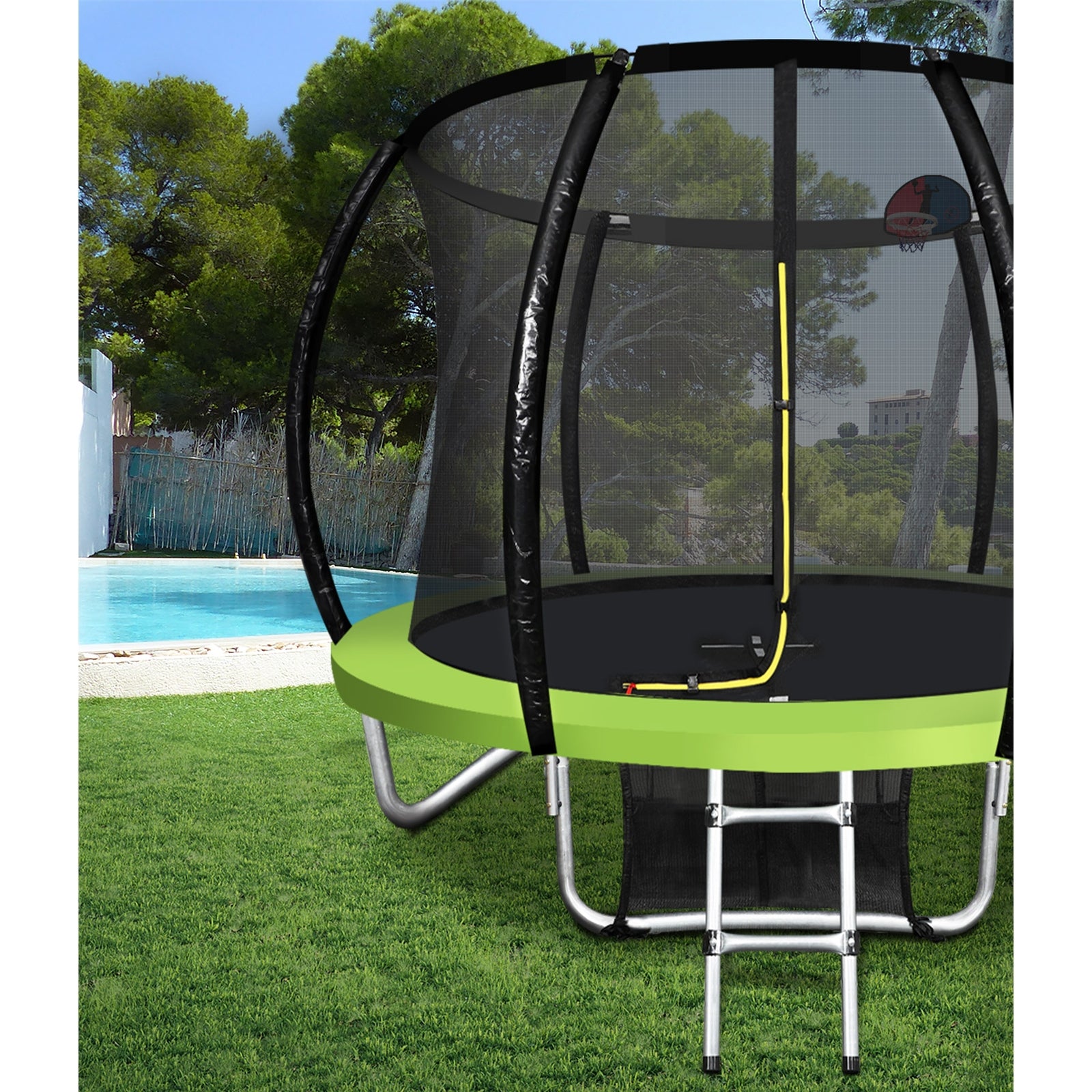 Mazam 10FT Round Spring Trampolines Kids Safety Net Enclosure w/ Basketball Set - Sunyee