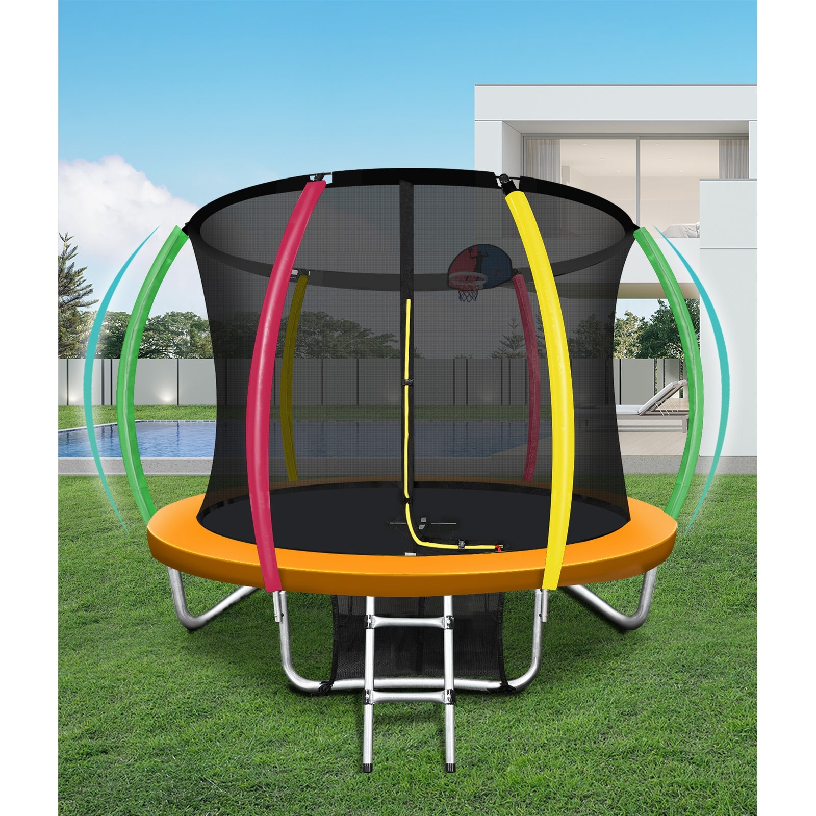 Mazam 12FT Rainbow Trampoline Spring Trampolines w/ Basketball Hoop Outdoor Toys - Sunyee