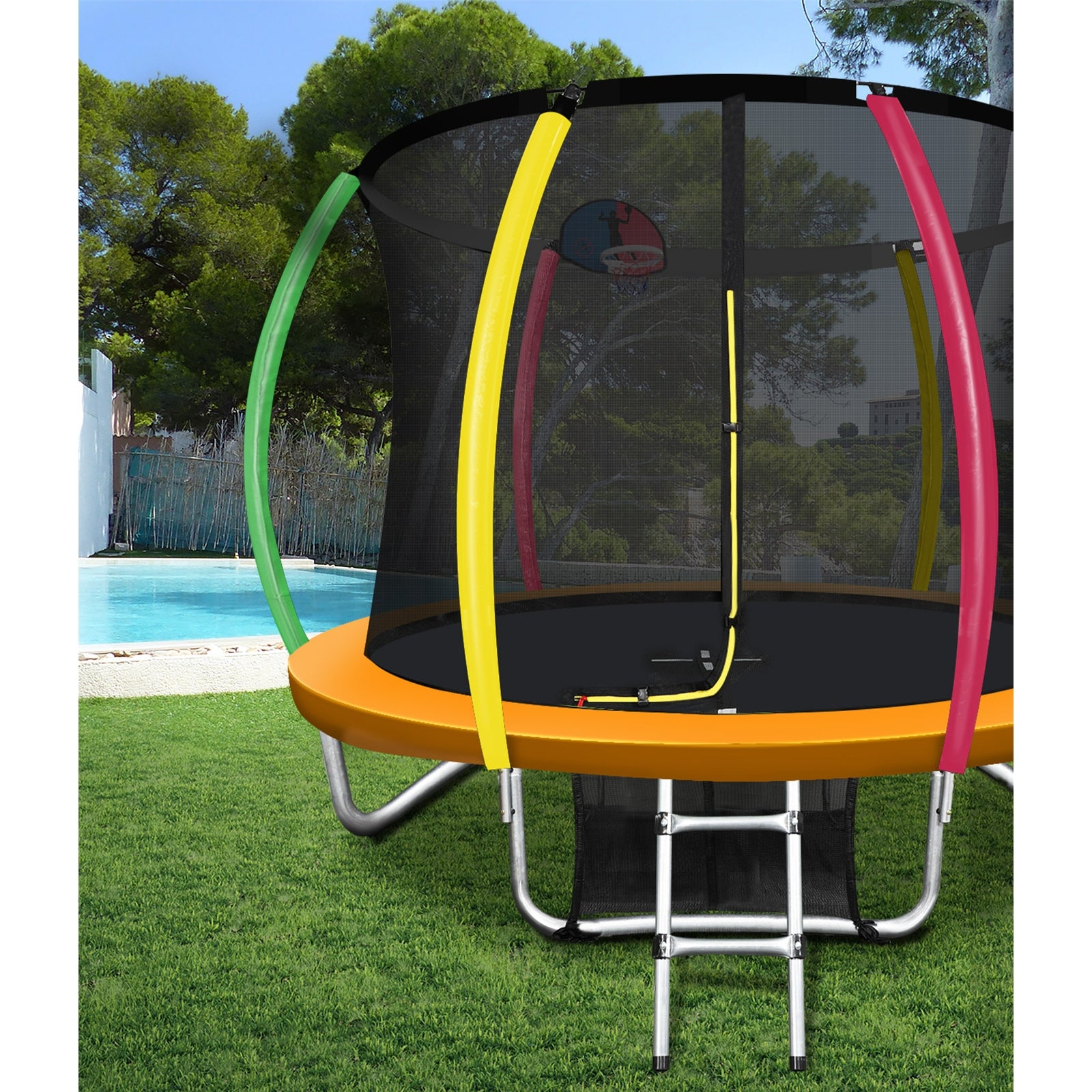 Mazam 12FT Rainbow Trampoline Spring Trampolines w/ Basketball Hoop Outdoor Toys - Sunyee