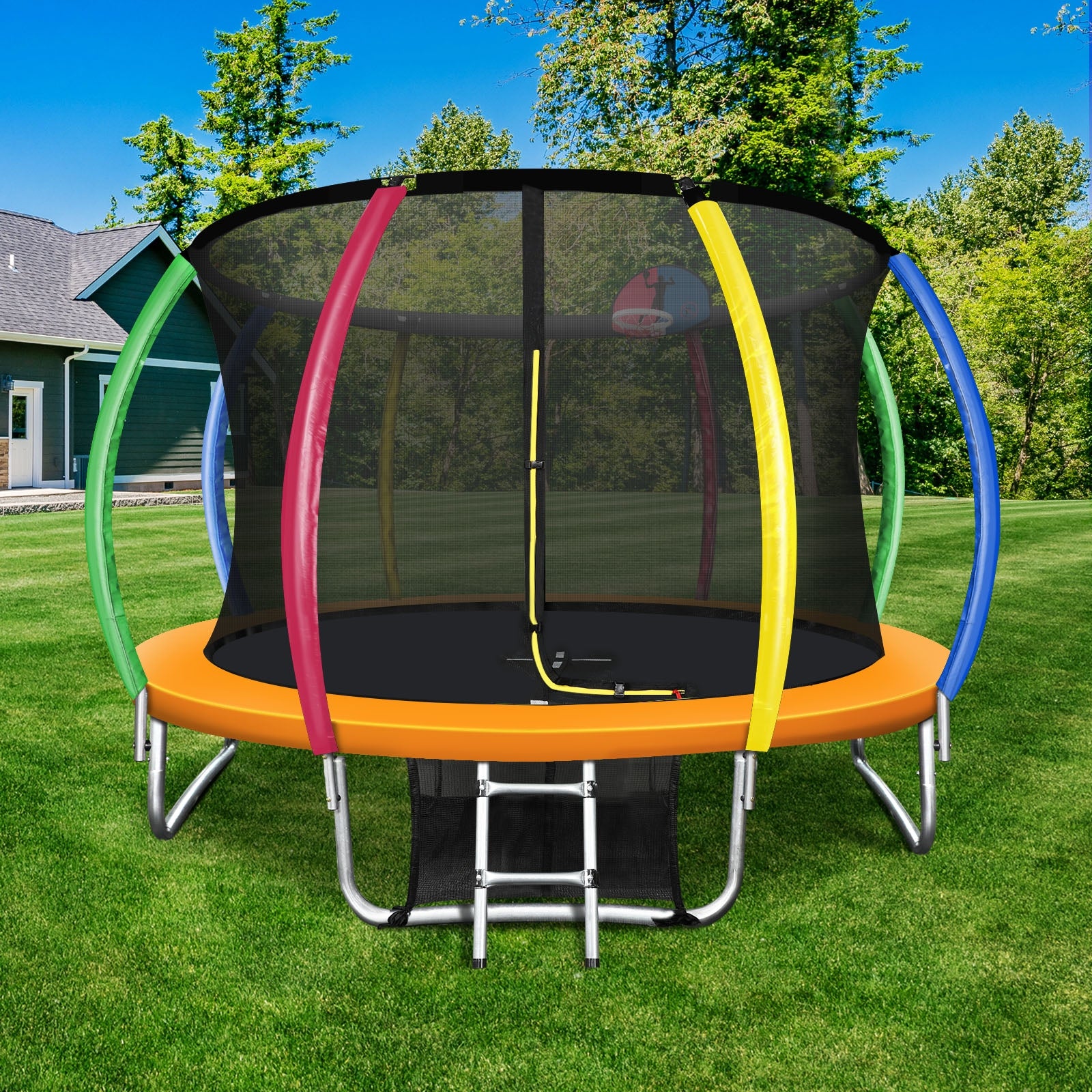 Mazam 12FT Rainbow Trampoline Spring Trampolines w/ Basketball Hoop Outdoor Toys - Sunyee