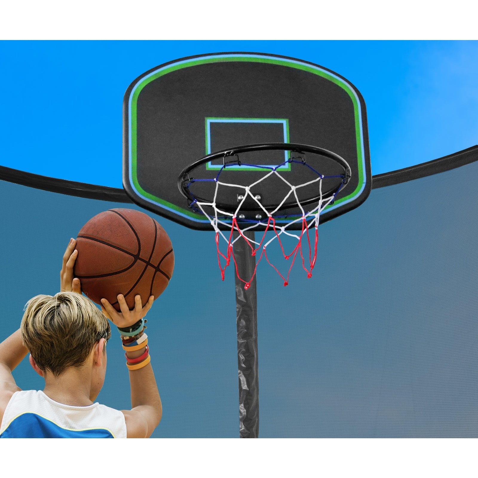 Mazam 10FT Trampoline Kids Tramplines Safety Net Basketball Set Ladder Round - Sunyee