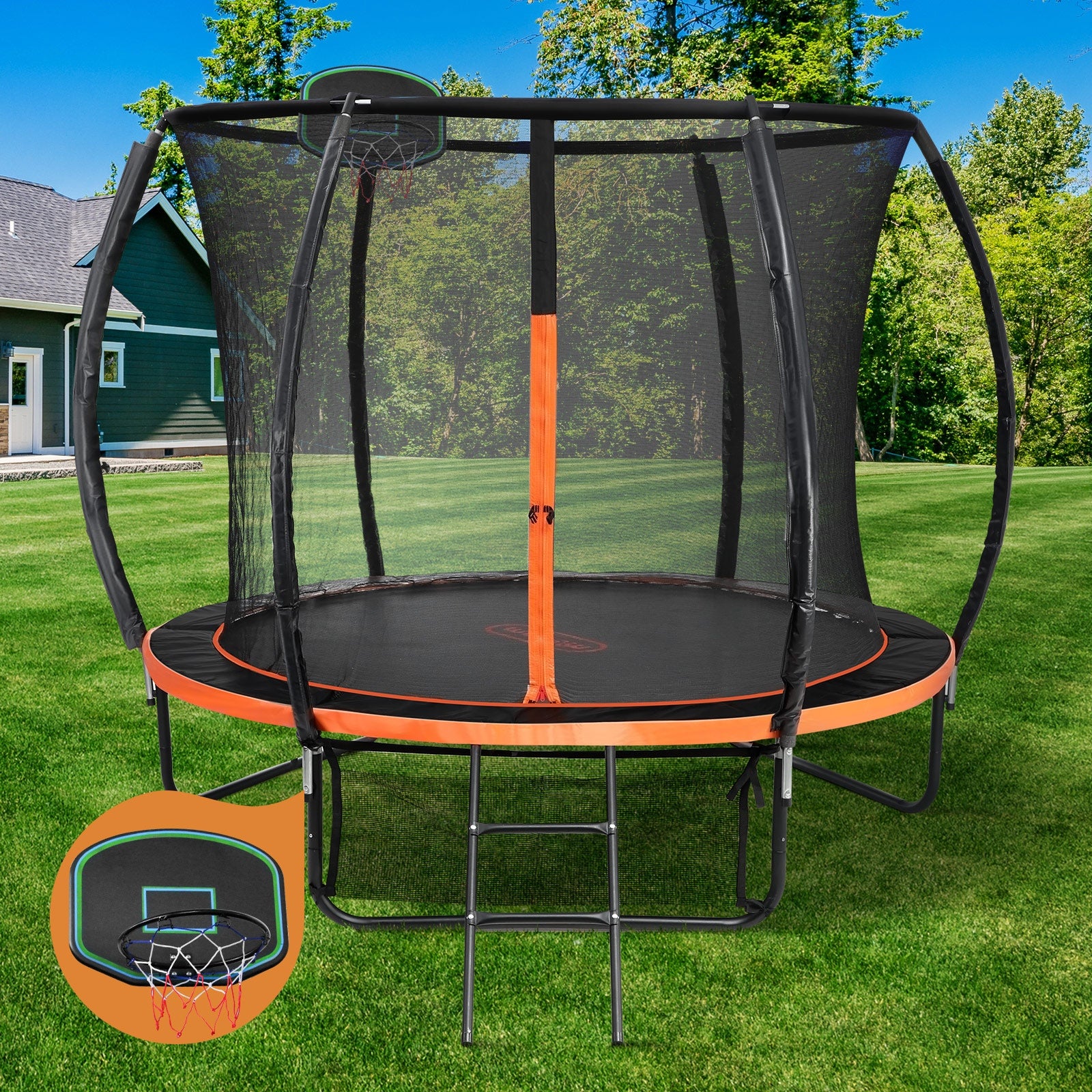 Mazam 10FT Trampoline Kids Tramplines Safety Net Basketball Set Ladder Round - Sunyee
