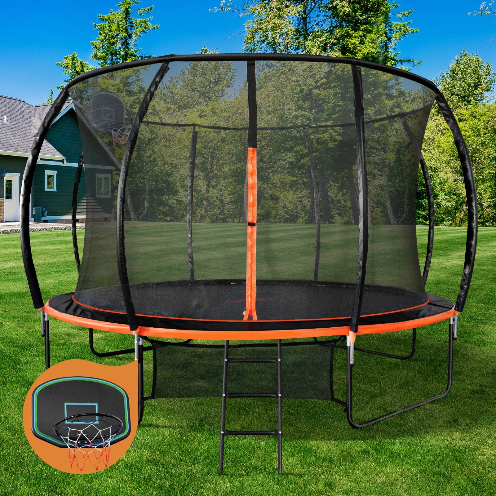 Mazam 12FT Trampoline Kids Tramplines Safety Net Basketball Set Ladder Round - Sunyee