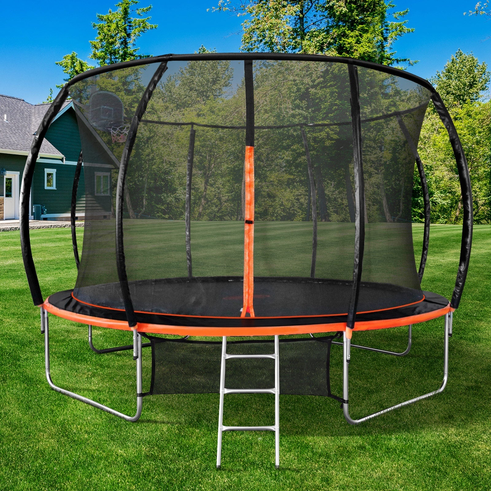 Mazam 14FT Kids Trampoline Safety Enclosure Net Basketball Set Ladder Round