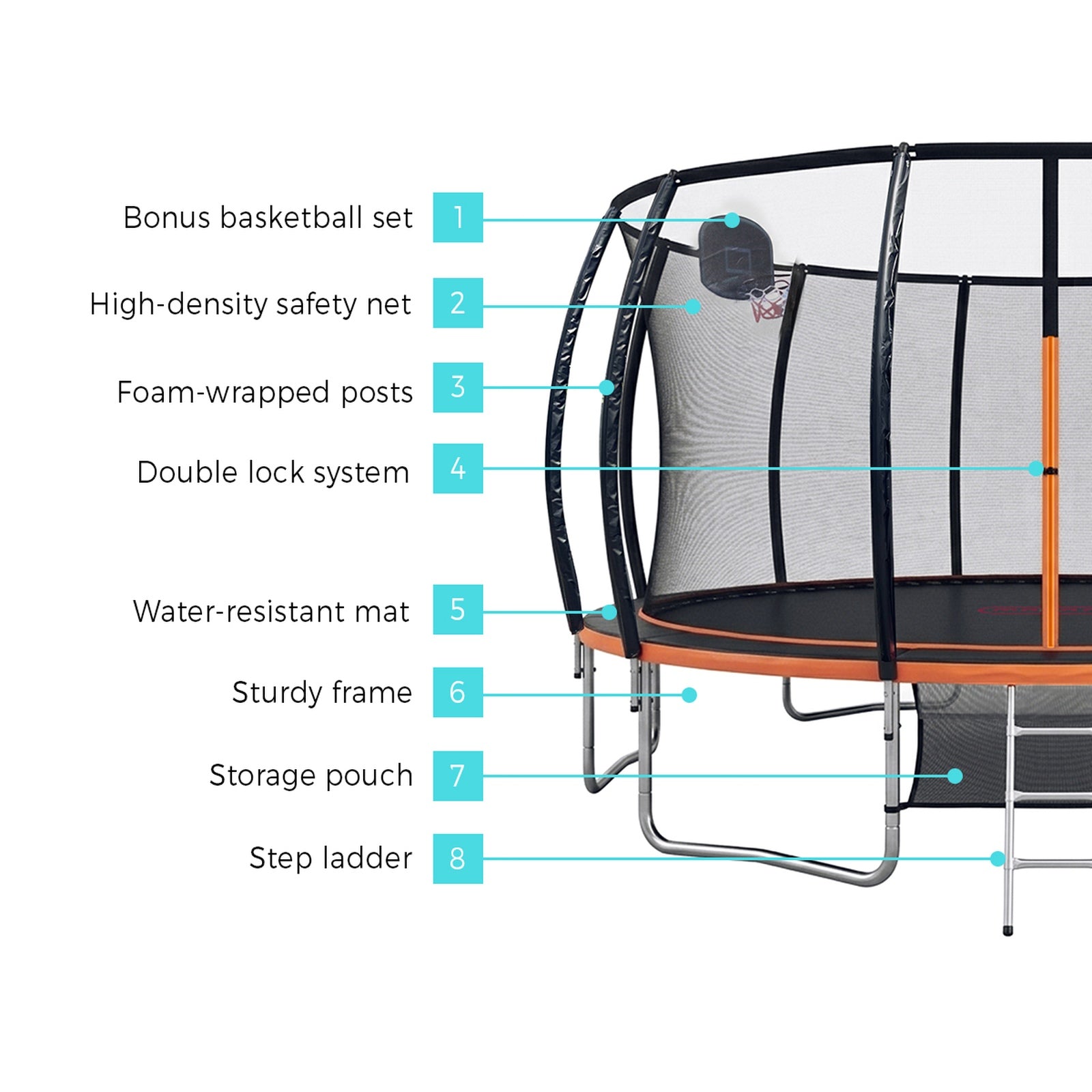 Mazam 16FT Kids Trampoline Safety Enclosure Net Basketball Set Ladder Round
