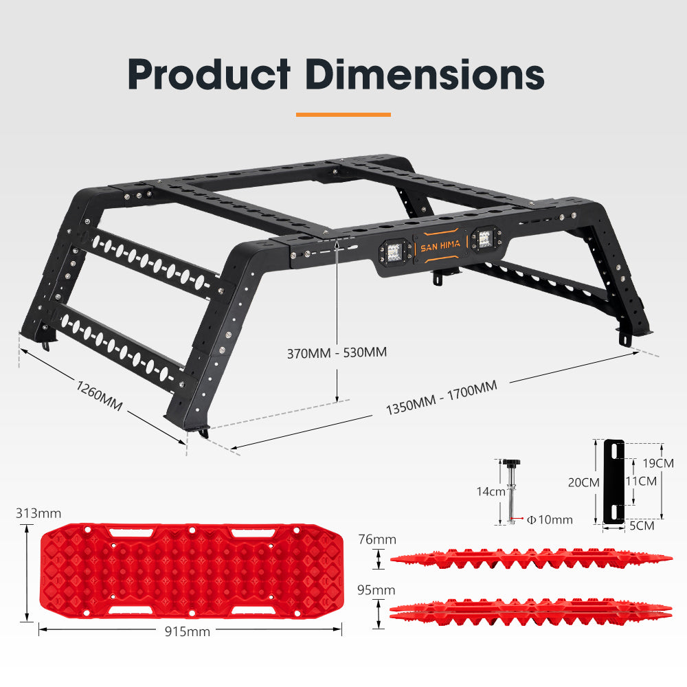 San Hima Universal Ute Tub Rack 3mm Steel + Pair Recovery Tracks Board Red - Sunyee